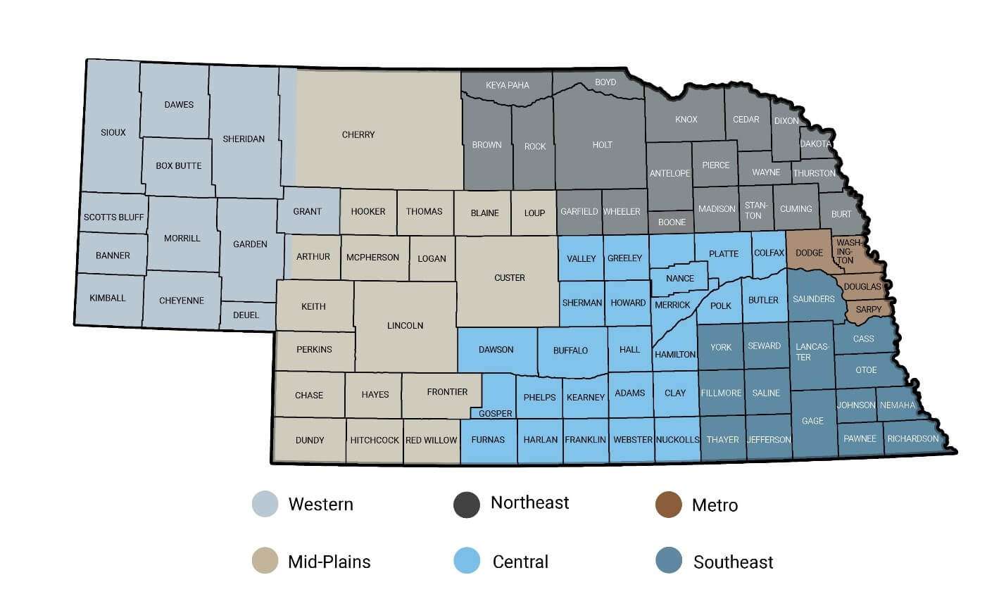 Nebraska Mid-Plains region is shown in the tan color. 6 Regions, One Nebraska is a new approach to economic development focused on local ideas and regional collaboration. The initiative is community-directed, guided by local leaders; action-oriented, focused on putting ideas into practice and achieving results; and partnership-driven, bringing together communities across Nebraska to work toward shared goals.