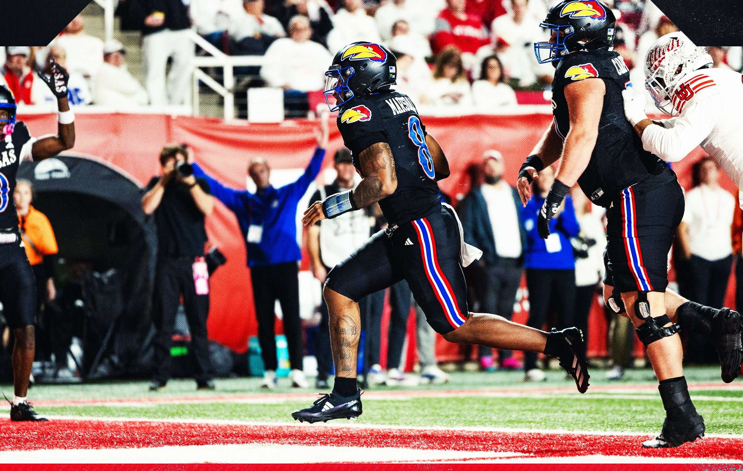 Kansas quarterback Isaiah Marshall threw for two touchdowns and rushed for another but the Jayhawks fell to No. 12 Utah 41-24 scoring just a touchdown in the second half/ Photo courtesy of KU Football on X