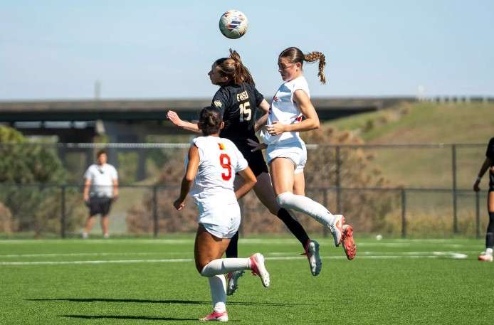 Fort Hays State midfielder Lily Marshall (15) heads the ball in an MIAA soccer match against Pittsburg State on Sunday, October 11, 2026 in Hays, Kan. (FHSU Athletics photo/Madyson Schliep)