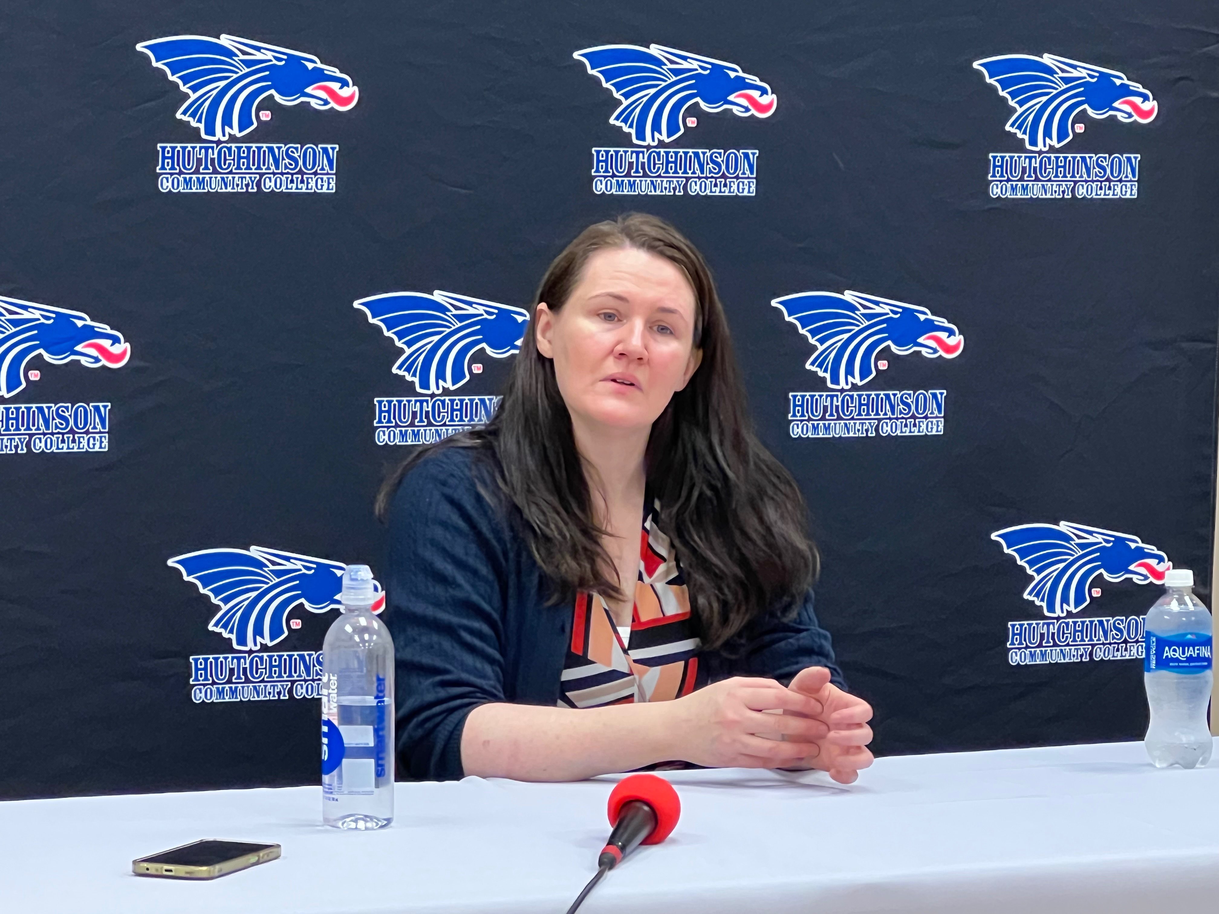 Liz Murray speaking at the press conference before the Dillon Lecture Series, October 13, 2026, at the Hutchinson Sports Arena. (Hutch Post Photo/Sean Boston)