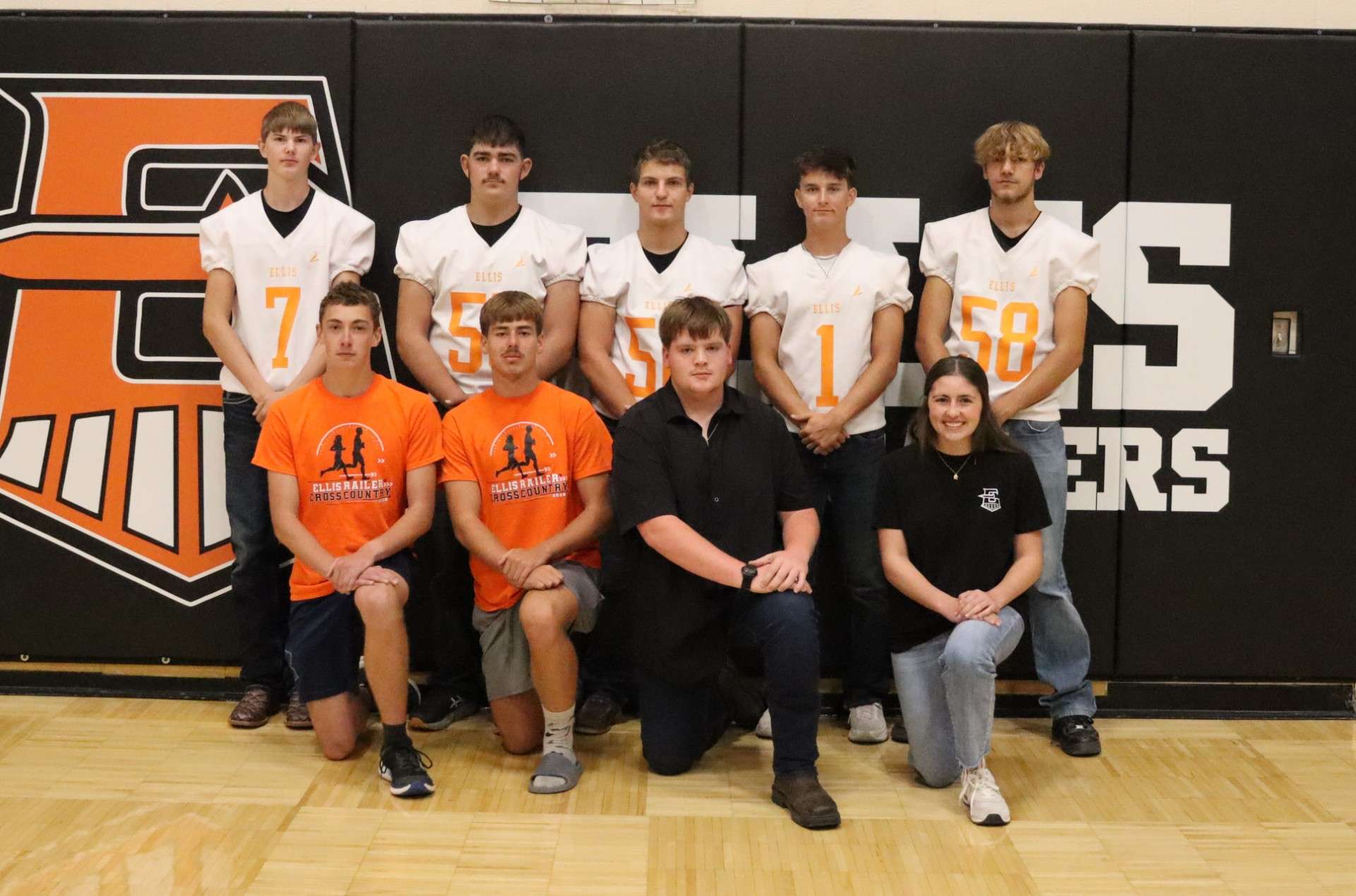Football seniors (back row): Adam Bongartz, son of Mark &amp; Jenni Bongartz; Dominic Fondoble, son of Matt &amp; Sharona Fondoble; Colton Metzler, son of Jim &amp; Becky Metzler; Baylor Born, son of Brock &amp; Coleen Born; and Xzavier Goff-Wilson, son of Gary &amp; Carla Wilson. Cross Country seniors (front row): Wyatt Dixson, son of Tanner &amp; Jill Dixson; Braidyn Cox, son of Monty &amp; Janeen Cox. Football manager and filmer: Cole Yates, grandson of Taft &amp; Barb Yates; Jocelyn Eck, daughter of Mark &amp; Sarah Eck.