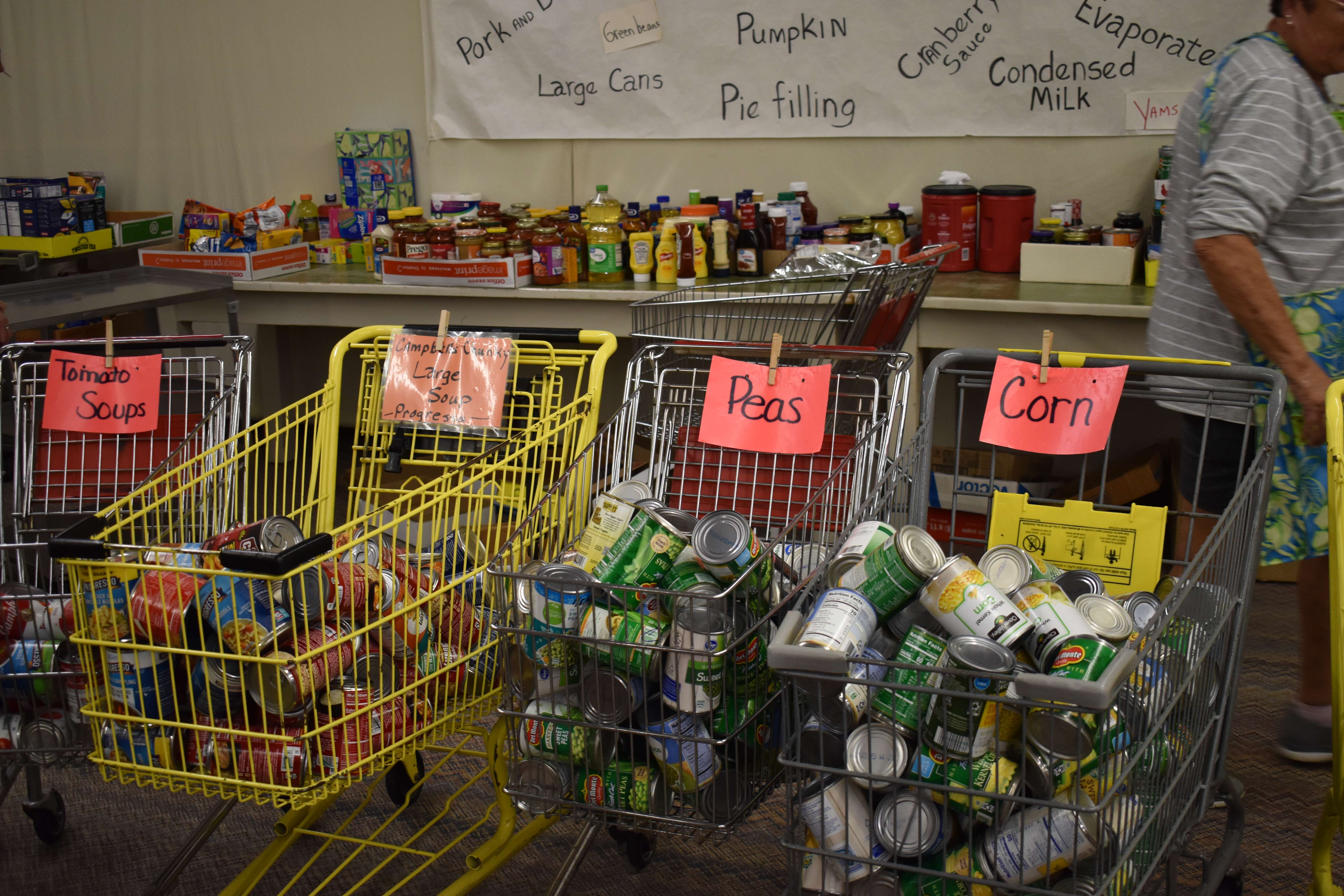 Community contributions sorted into their category. Volunteers stationed at the food bank sorted the collections into shopping carts. Photo by Jami Morain/Hays Post
