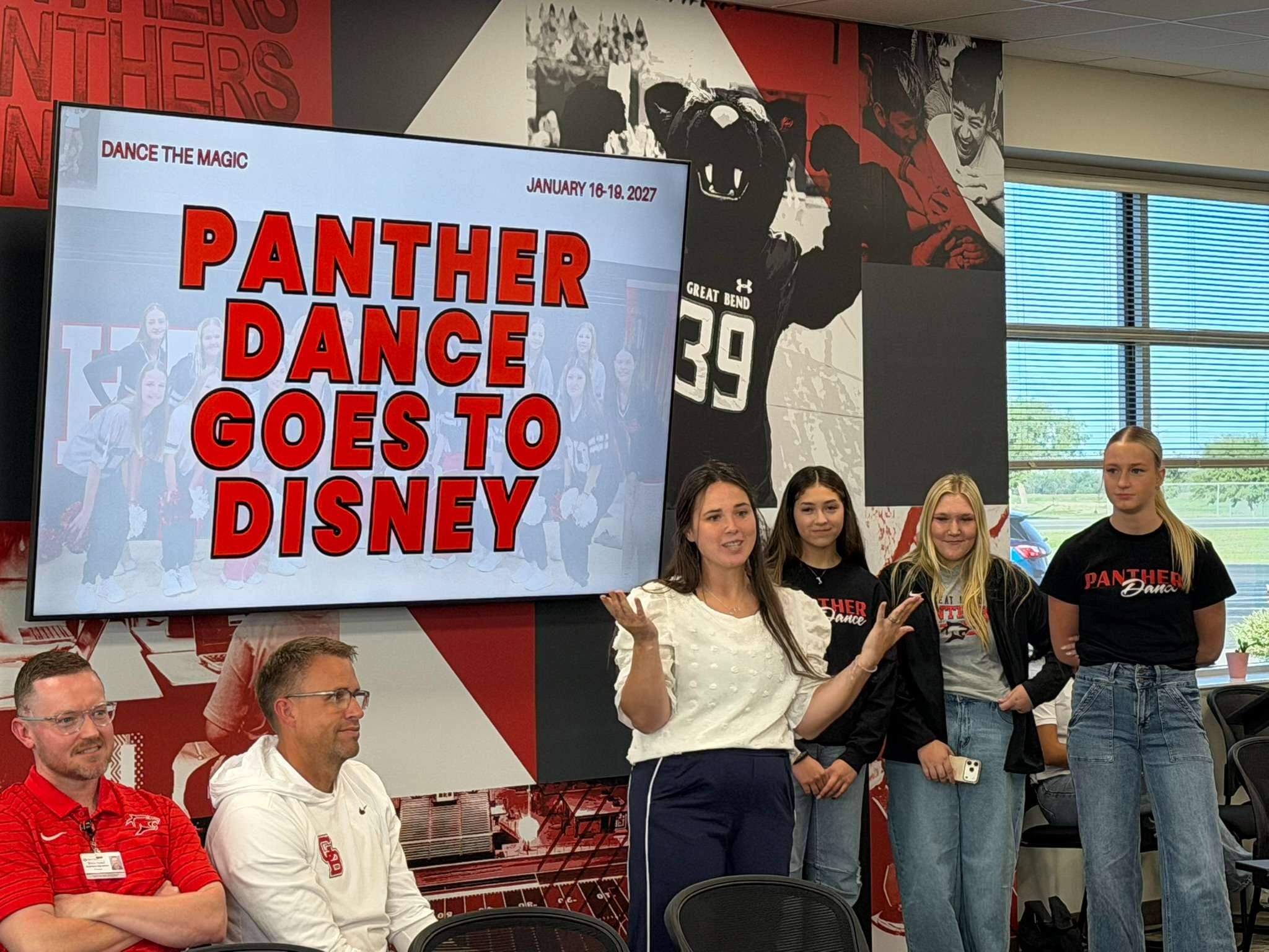 Coach Maddy Rideaux was joined by GBHS seniors Ailey Scothorn, Mylee Maddox, and Jimena Montes to present the "Dance the Magic" trip proposal to the USD 428 Board of Education on Monday, October 12.