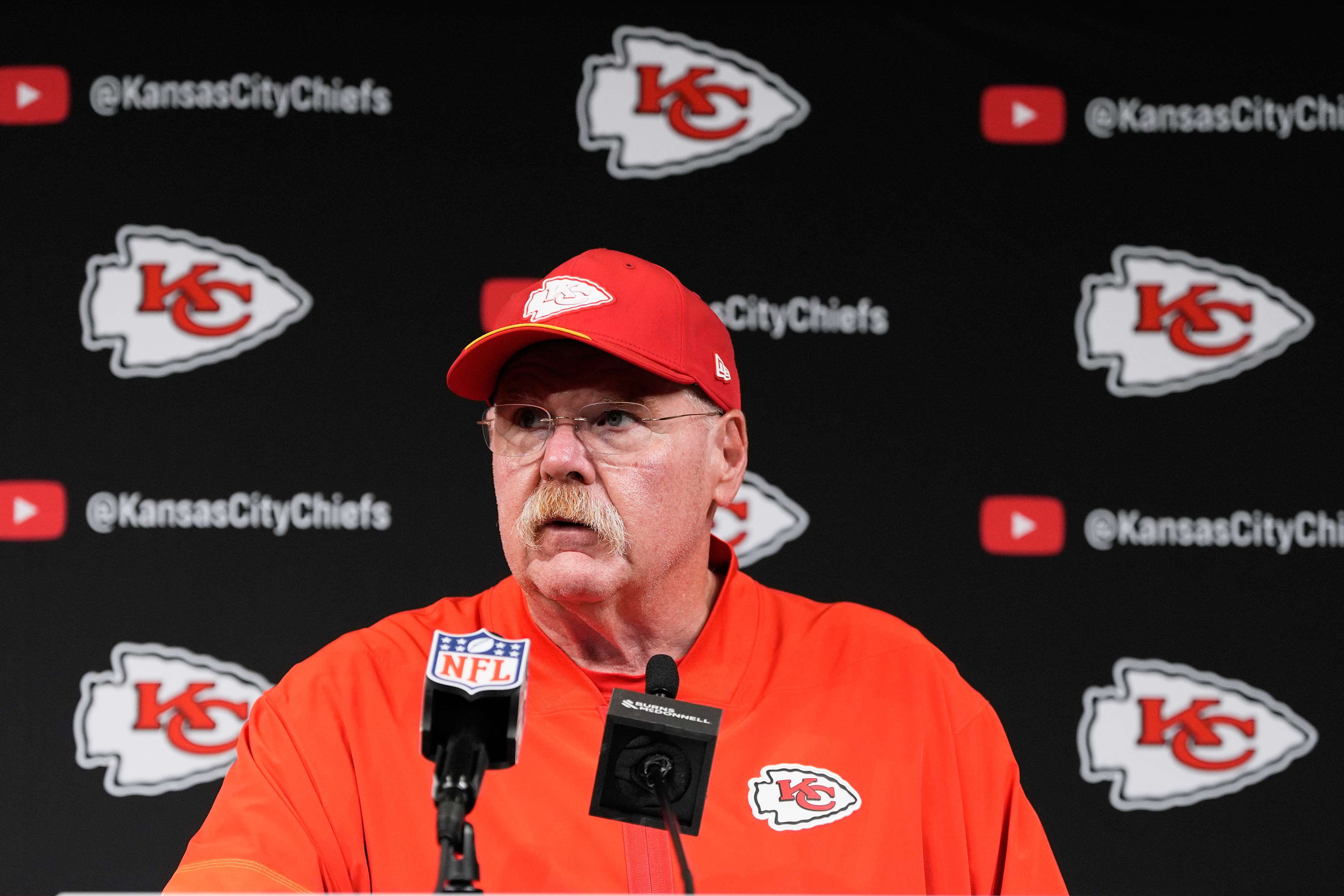 Kansas City Chiefs head coach Andy Reid speaks during a news conference after an NFL football game against the Las Vegas Raiders in Las Vegas, Sunday, Oct. 4, 2026. (AP Photo/John Locher)