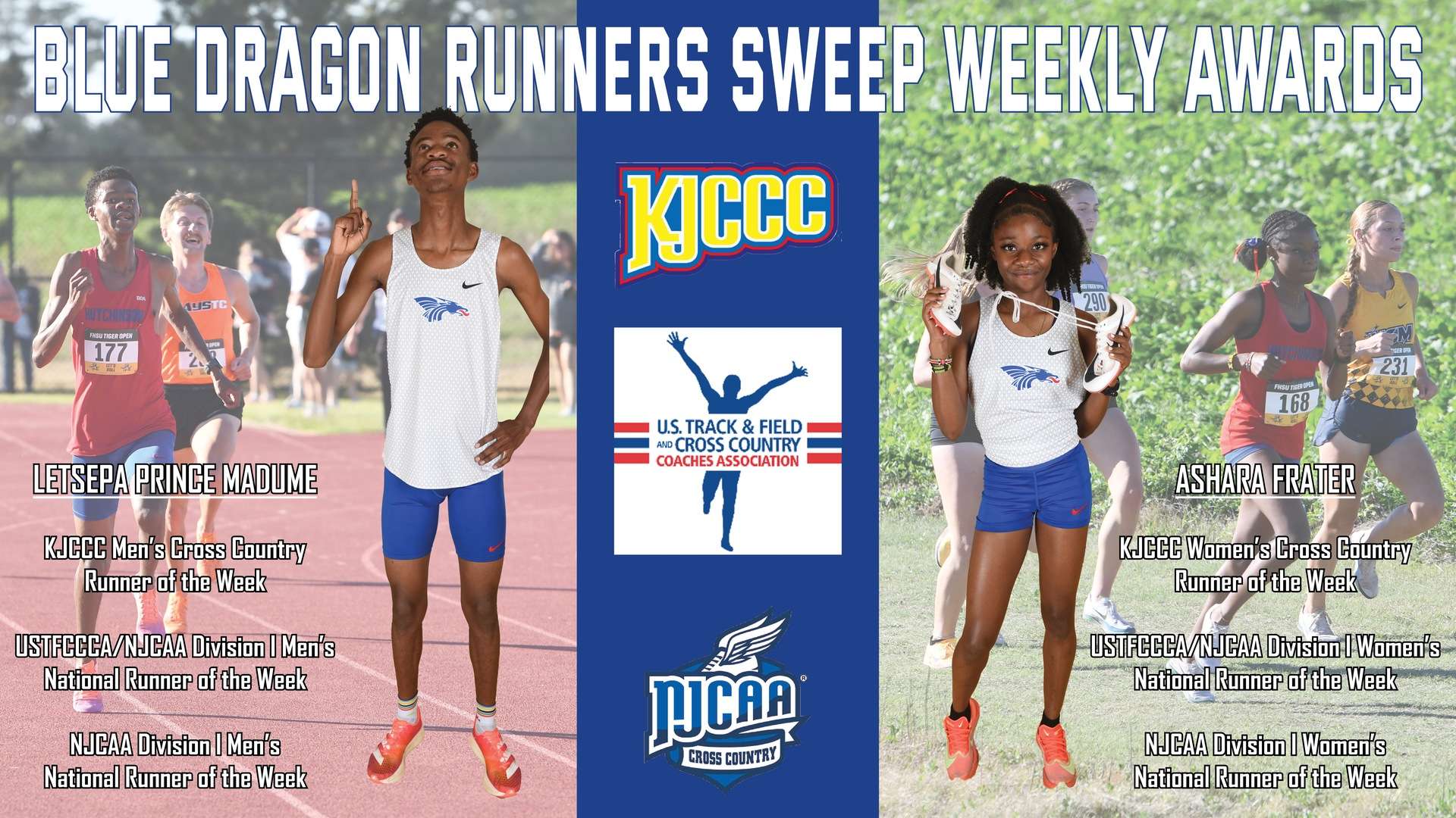 Letsepa Prince Madume and Ashara Frater teamed up for a Blue Dragon Cross Country first as both won weekly honors for the KJCCC, NJCAA and USTFCCCA after winning their races at the FHSU Tiger Open last Saturday.