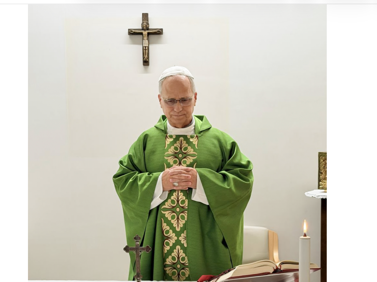 This picture, released by Vatican Media on Friday, Oct. 16, 2026, shows Pope Leo XIV celebrating Mass at the Agostino Gemelli Polyclinic in Rome, where he is recovering after having cancer removed from his right lung. (Vatican Media via AP)