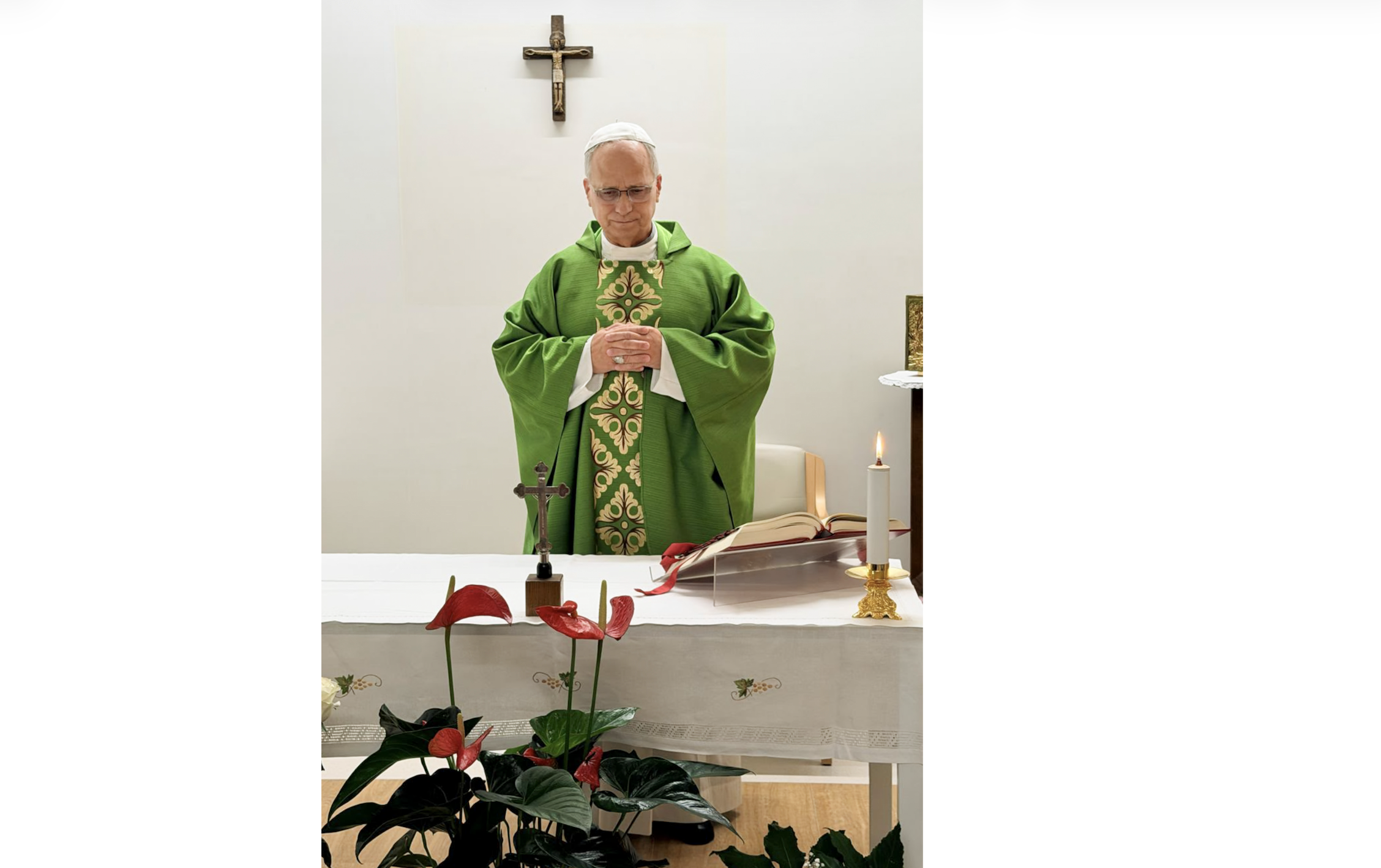 This picture, released by Vatican Media on Friday, Oct. 16, 2026, shows Pope Leo XIV celebrating Mass at the Agostino Gemelli Polyclinic in Rome, where he is recovering after having cancer removed from his right lung. (Vatican Media via AP)