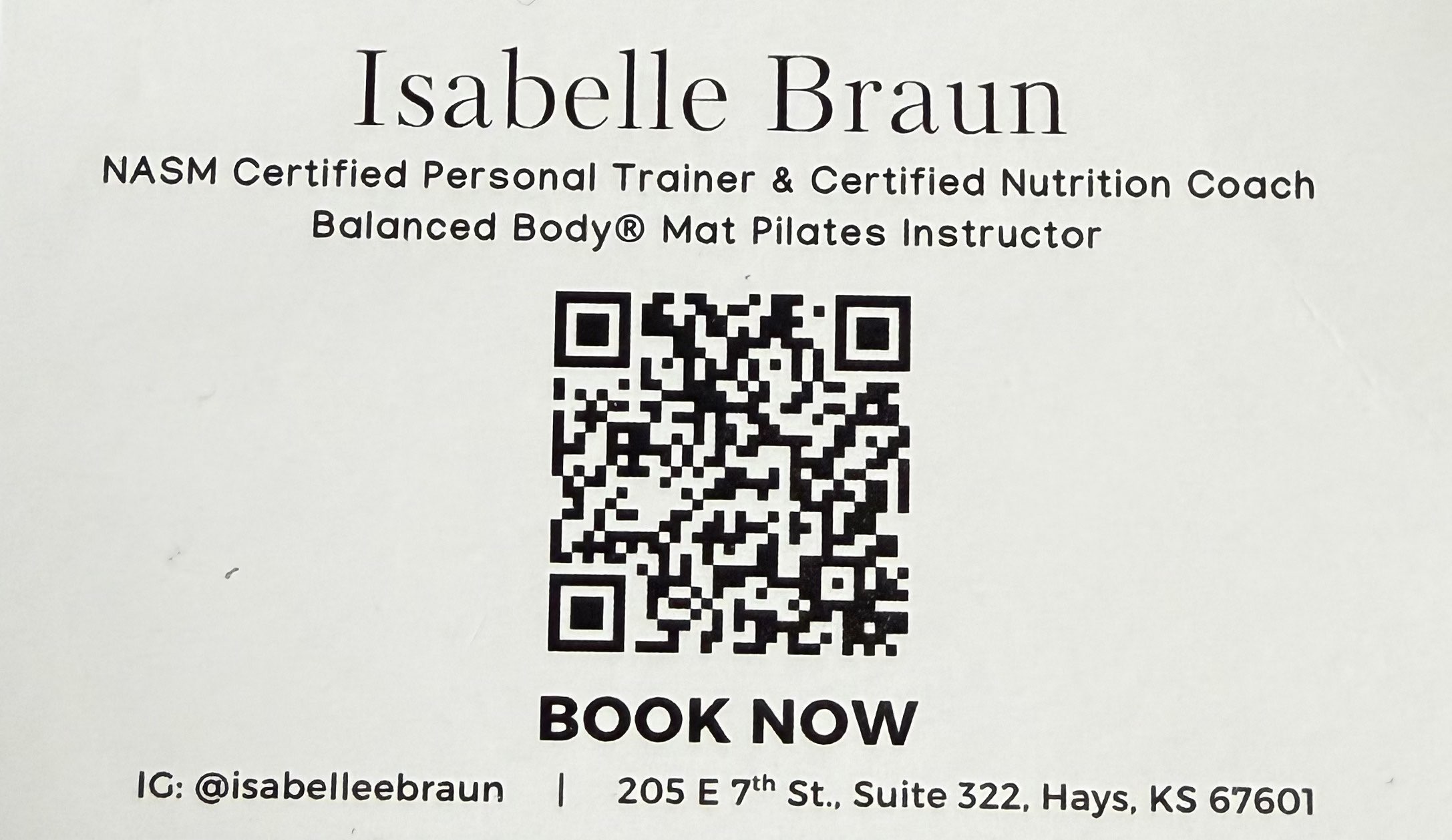 Isabelle Braun personal business card that includes a QR code that is available to scan to set up appointments at&nbsp;PS Studios by Isabelle.