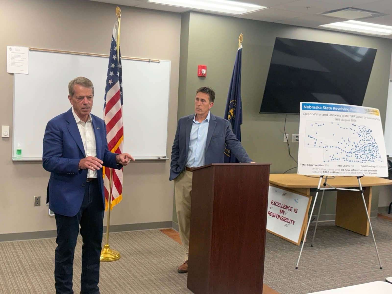 Gov. Jim Pillen discusses the $5 million in state funding announced for McCook's lead service line replacement project during an event Thursday, October 15. The funding is expected to reduce local taxpayers' costs while helping improve drinking water infrastructure. (Courtesy Image Governor Jim Pillen Facebook)