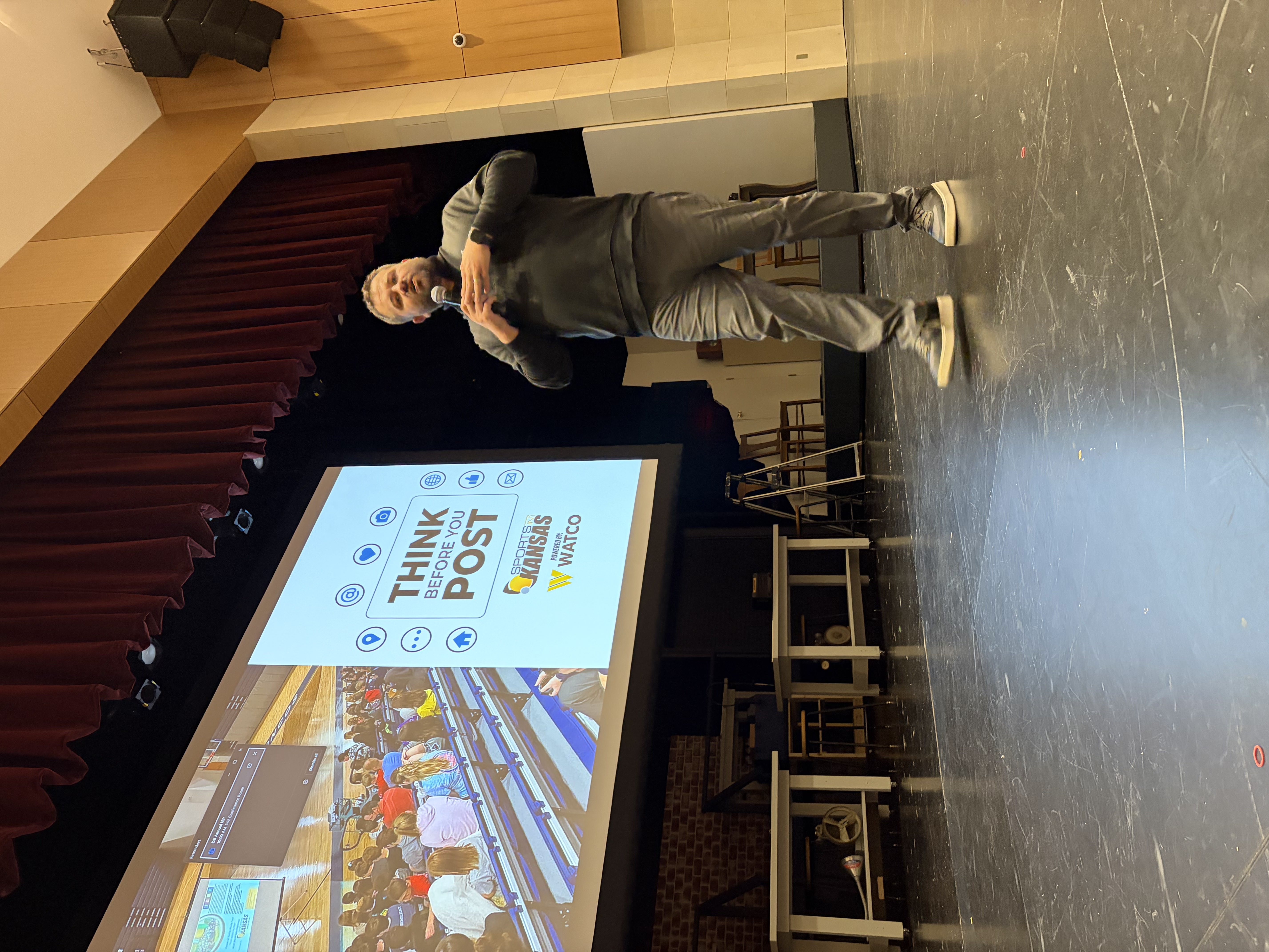 Chet Kuplen, founder of Think Before You Post and CEO of Sports in Kansas speaking at Hays High School to students about social media presence. Photo by Alin Hett/Hays Post.