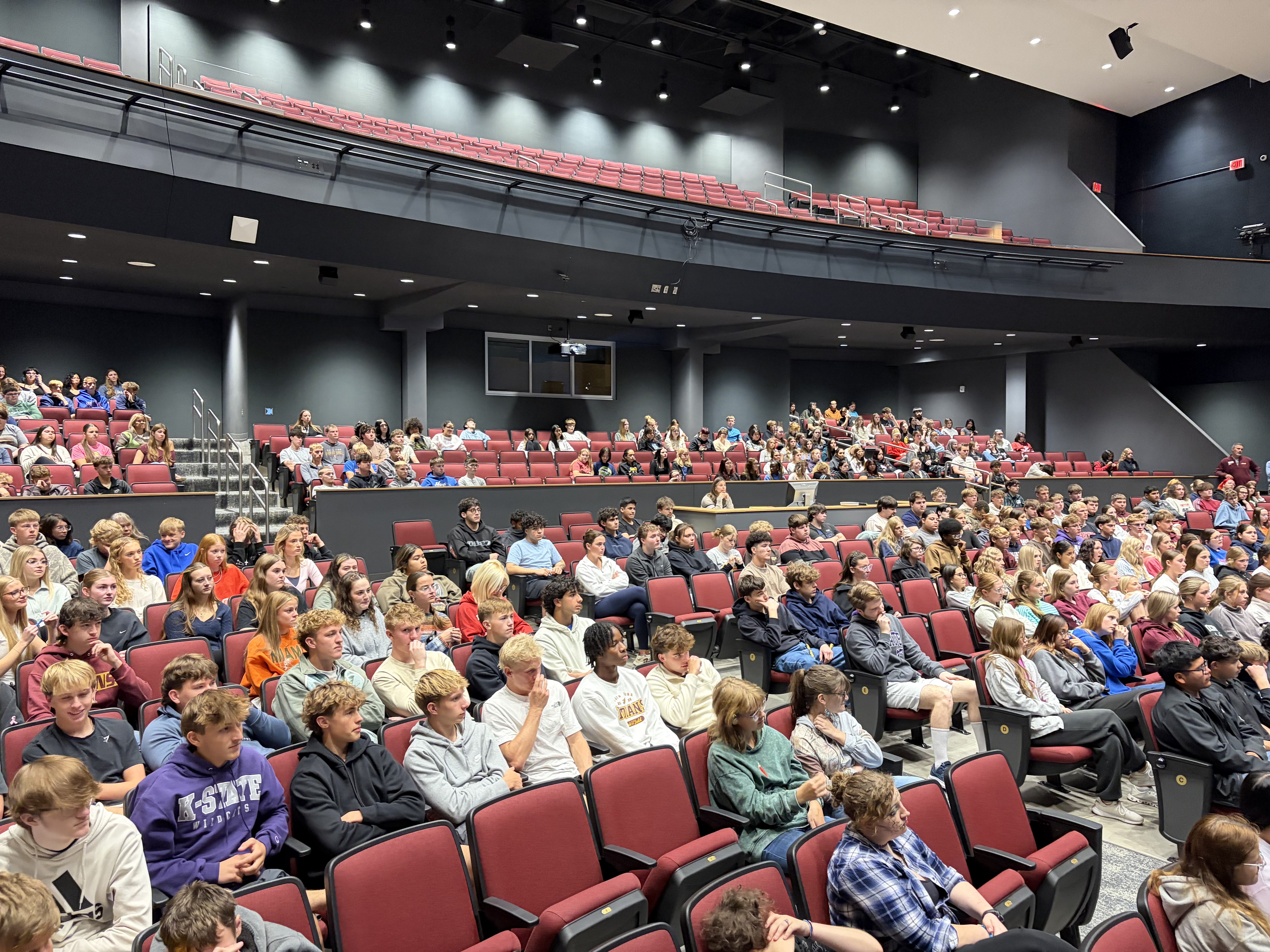 Juniors and seniors attending Hays High sit and listen to Chet Kuplen giving his presentation on Think Before You Post. Photo by Alin Hett/Hays Post.&nbsp;