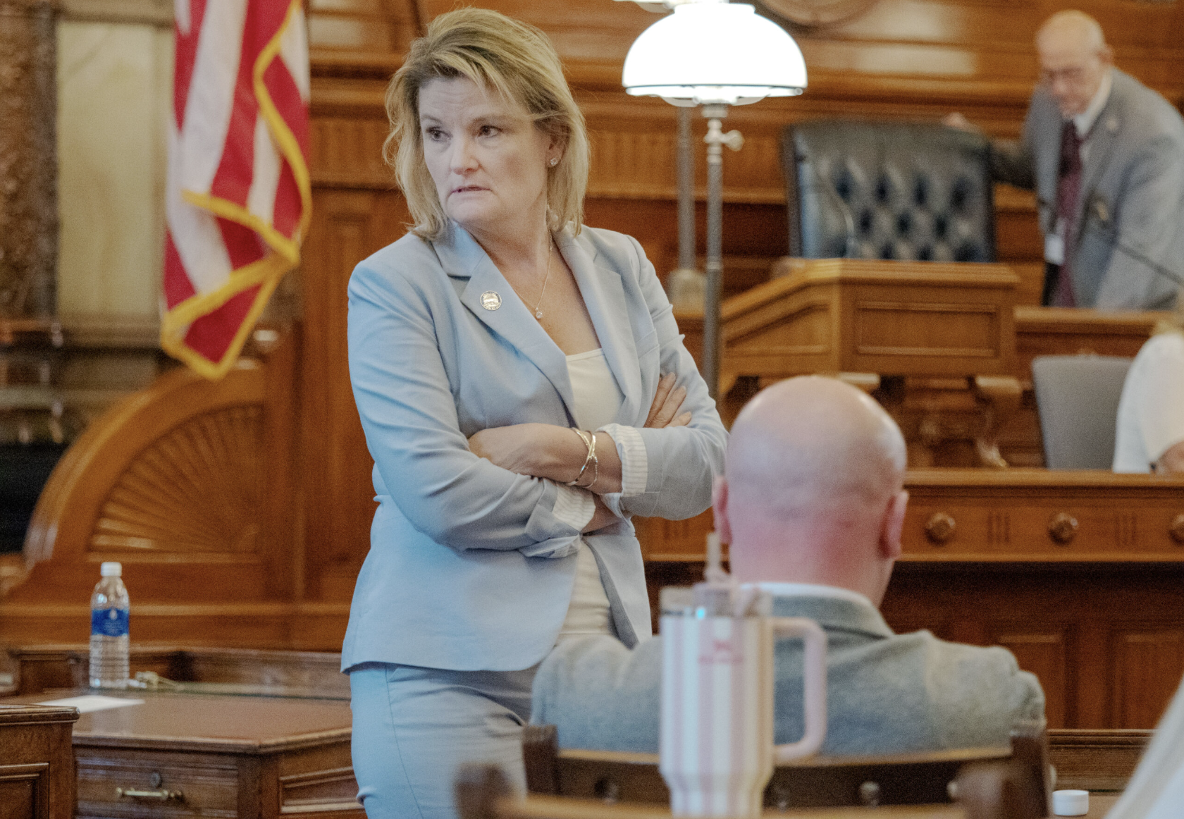 Sen. Cindy Holscher, a Democrat from Overland Park running for governor, appears on April 9, 2026 on the Senate floor. (Photo by Sherman Smith/Kansas Reflector)
