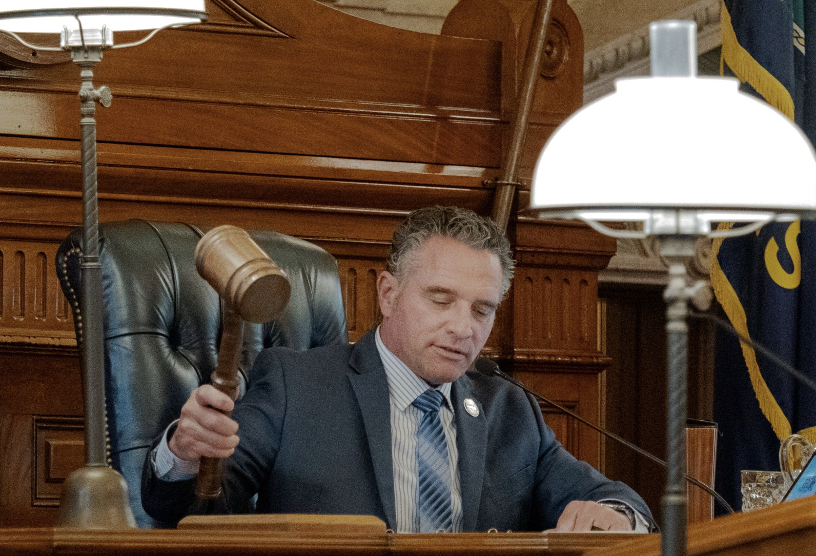 Senate President Ty Masterson wields a gavel on April 9, 2026, in the Kansas Senate chamber. (Photo by Sherman Smith/Kansas Reflector)