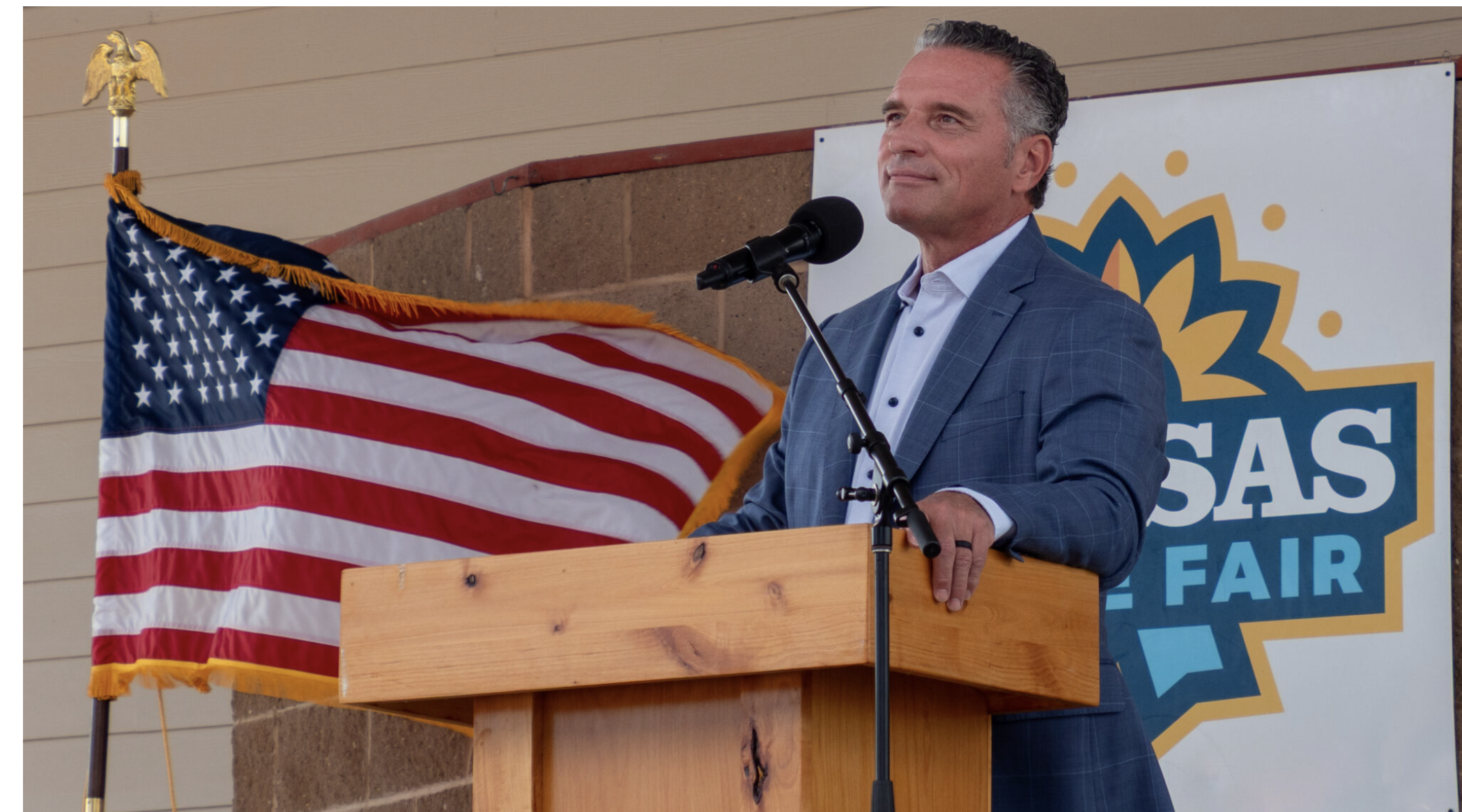  Ty Masterson appears at the Kansas State Fair gubernatorial debate on Sept. 12, 2026, in Hutchinson. (Photo by Anna Kaminski/Kansas Reflector)