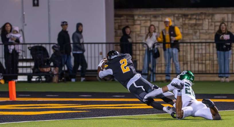 Fort Hays State wide receiver Ayden Robinson-Wayne (2) dives towards the endzone in the second quarter of an MIAA football game No. 12 Northwest Missouri State on Saturday, October 17, 2026 in Hays, Kan. (FHSU Athletics photo/Madyson Schliep)