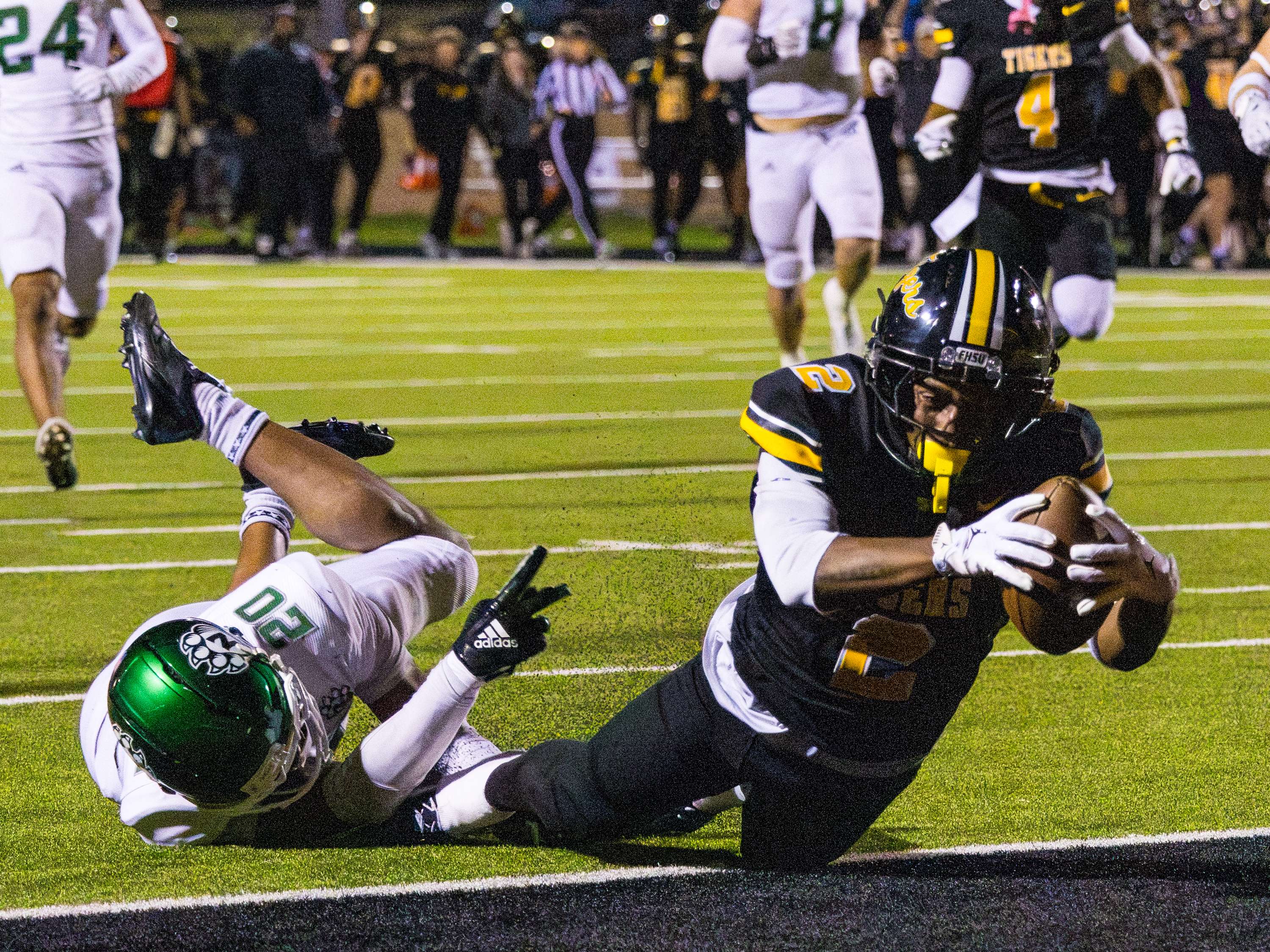 Fort Hays Sate wide receiver Ayden Robinson-Wayne dives toward the endzone in the second quarter of an MIAA football game against No. 12 Northwest Missouri State on Saturday, October 17, 2026 in Hays, Kan. (Hays Post Sports photo/Jeff Leiker)