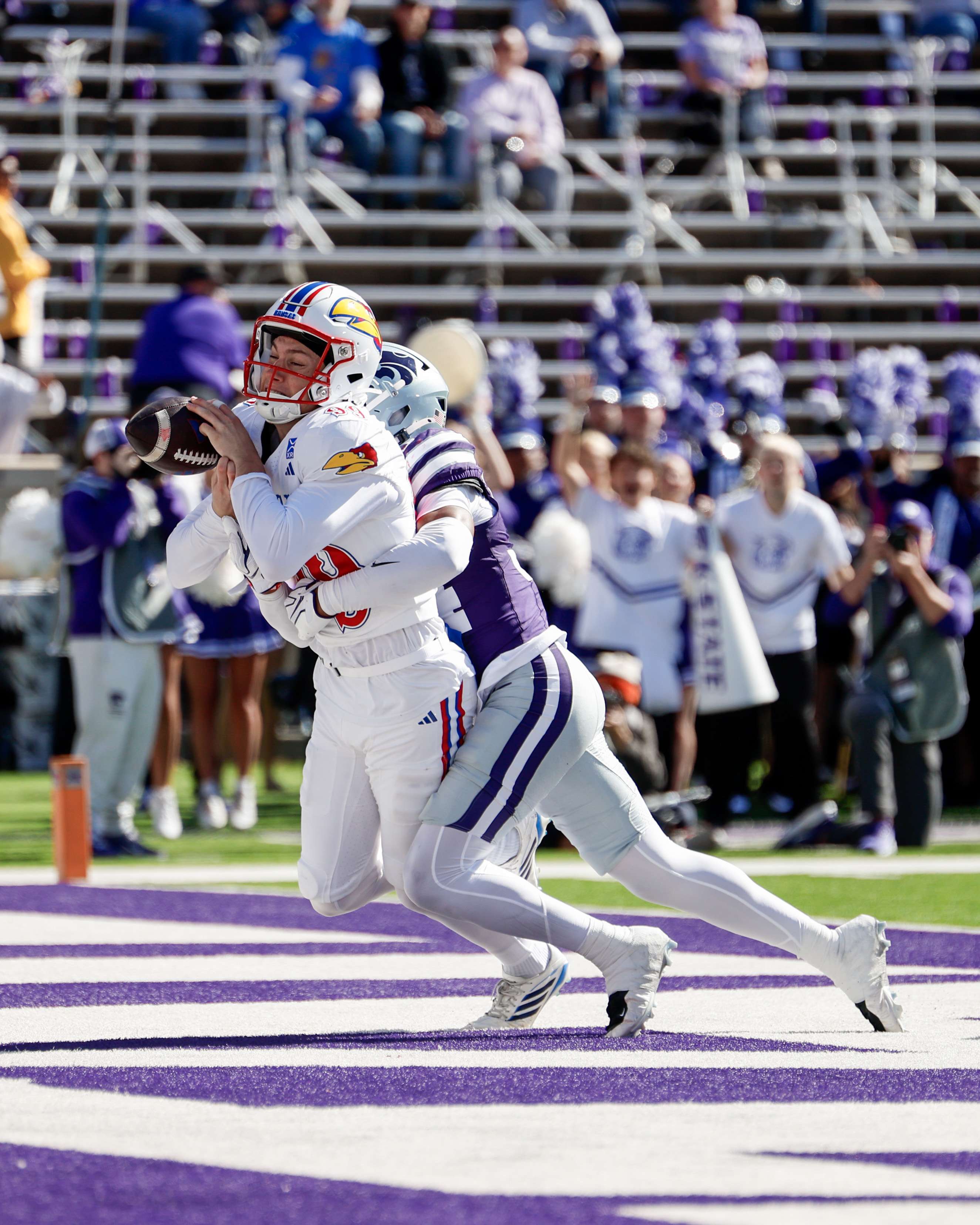 Kansas State's&nbsp;Nick McClellan tackles Kansas punter&nbsp;Matthew Gill after his botched snap for a safety during the Wildcats 35-24 win over the Jayhawks in the Sunflower Showdown/ Photo courtesy of K State Football on X