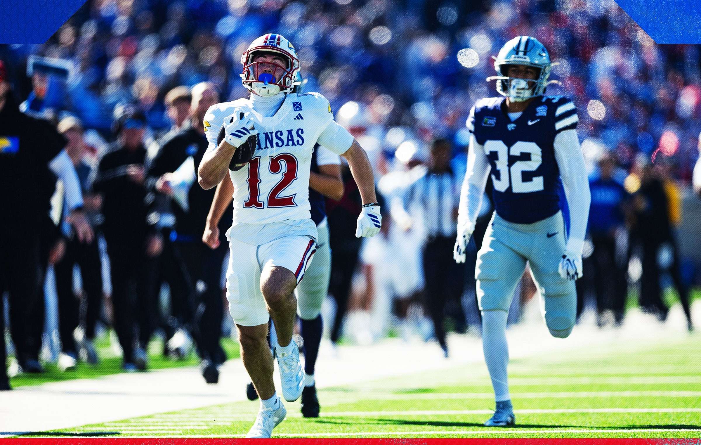 Kansas kick returner&nbsp;Bryson Hayes returned a kickoff 95 yards to tie the game in the opening quarter of the Sunflower Showdown where the Jayhawks fell to Kansas State 35-24/ Photo courtesy of Kansas Football on X