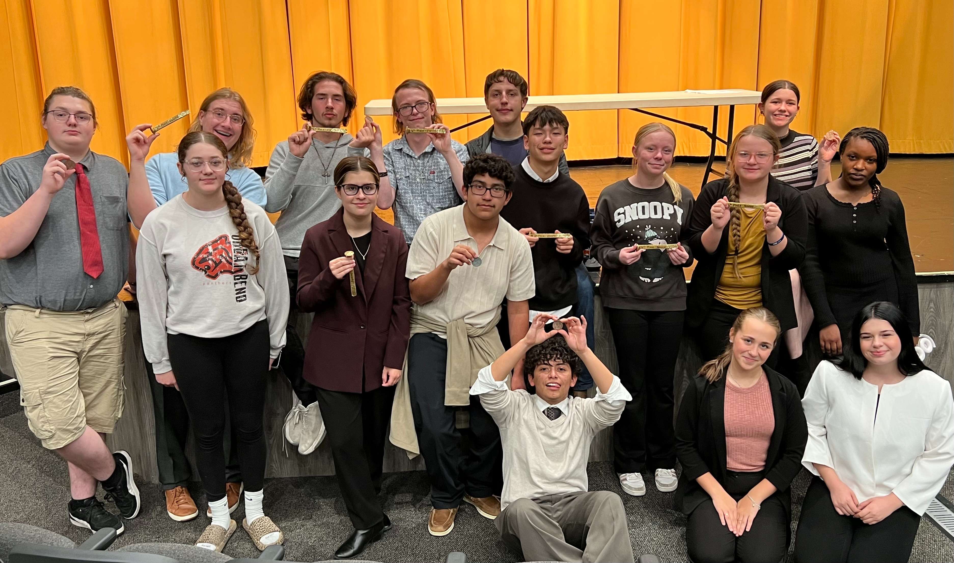 Panther Debate Team, back row from left: Mark Sperlein, Ransom Hardcastle, RJ Calvert, Ethan Harrington, Nevaeh Nagel. Second row: Hunter McClanahan, Aubree Lewis, Kendra Scheideman, Jaaziel Hernandez, Parker Coleman, Amber Ochs, Persephenie Peschka, Toyosi Sodeke. Front Row: Sebastian Quezada, Brecklynn Carper, Dorothy Tudor.