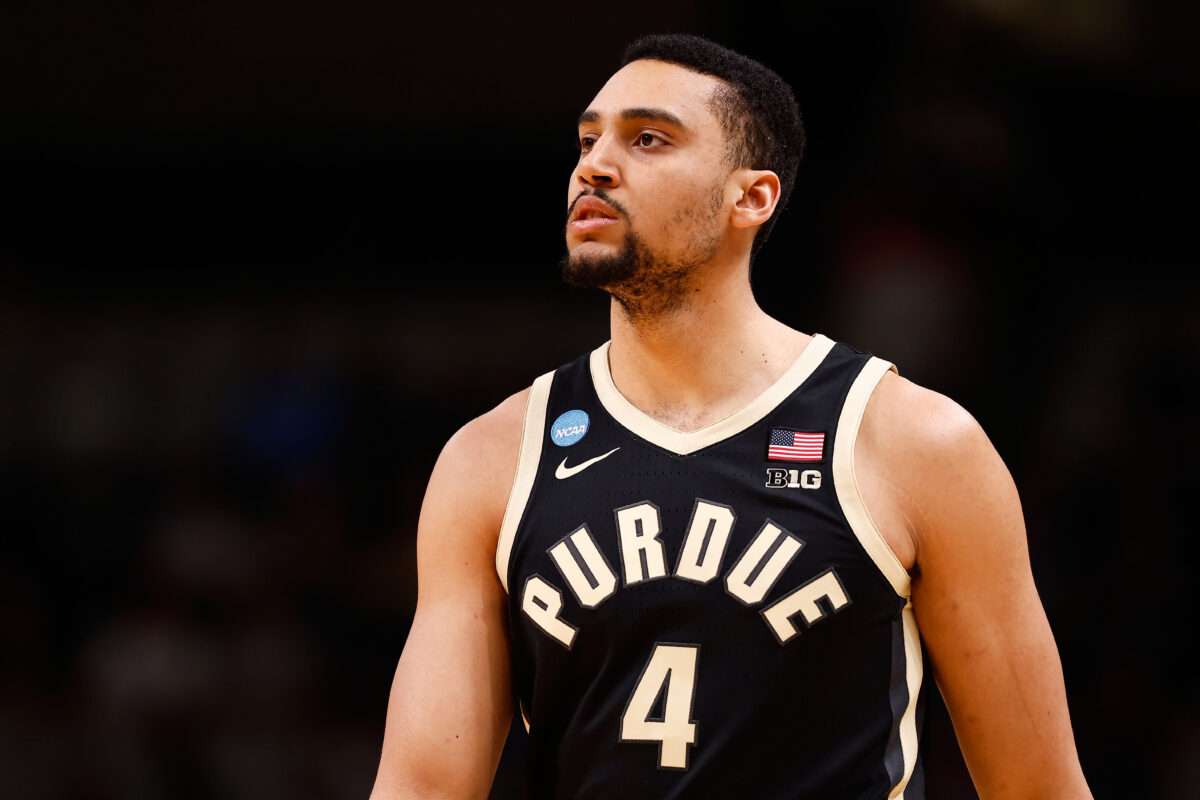Purdue forward Trey Kaufman-Renn (4) warms up before facing Arizona in the Elite Eight of the NCAA college basketball tournament, Saturday, March 28, 2026, in San Jose, Calif. (AP Photo/Kelley L Cox)