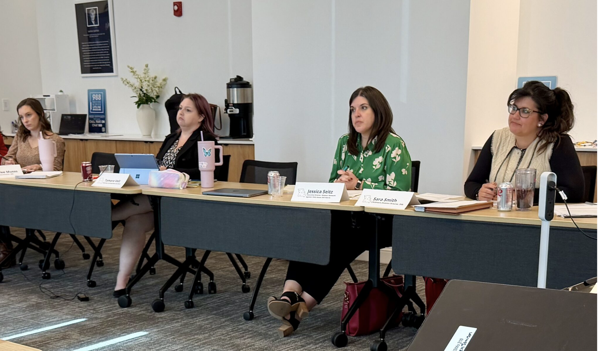  Members of the child welfare task force consider draft legislation on Oct. 19 in Jefferson City. Pictured from left are Missouri Department of Social Services Legislative Director Haylee Musso, attorney and guardian ad litem Tamara Veit, Missouri Network Against Child Abuse Executive Director Jessica Seitz and Children's Division Director Sara Smith (Steph Quinn/Missouri Independent).