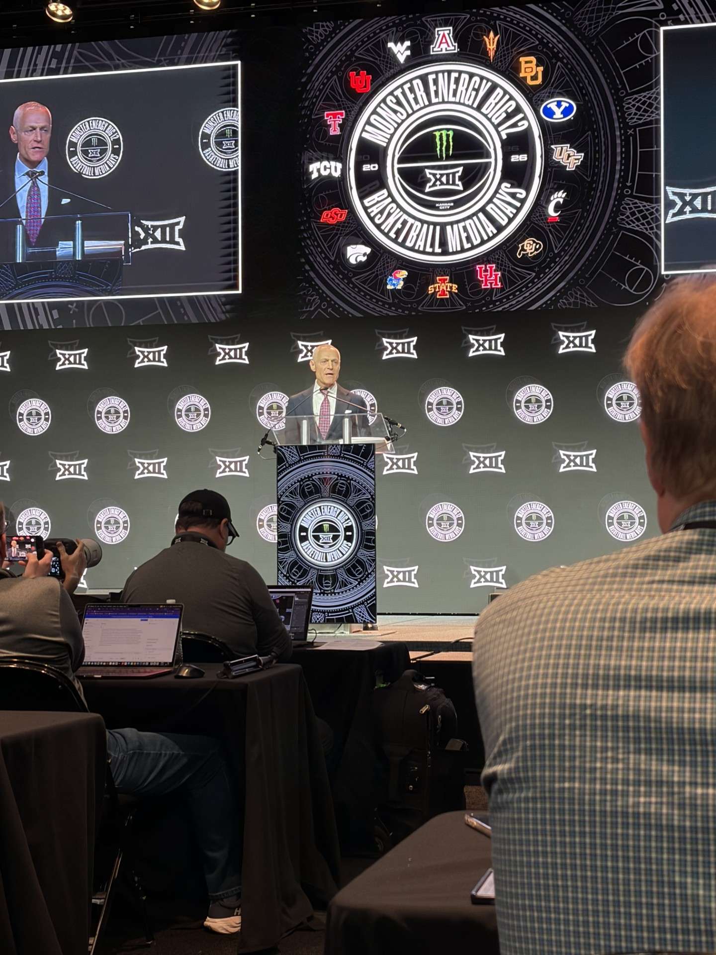Big 12 Commissioner Brett Yormark addresses the media in Kansas City
