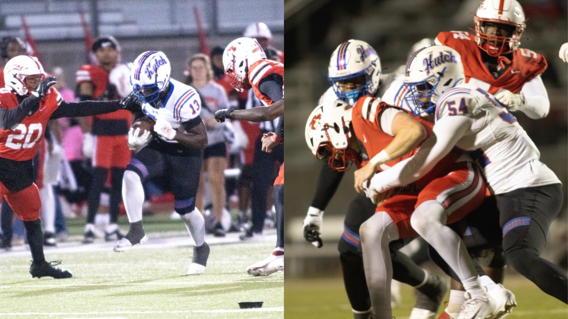 Blue Dragon freshman return specialist DyVair McCray (left, No. 13) was named the KJCCC Special Teams Player of the Week while Andre Williams (right, No. 54) earned conference Defensive Player of the Week honors for their performances in No. 1 Hutchinson's 38-0 win over Coffeyville last Saturday.