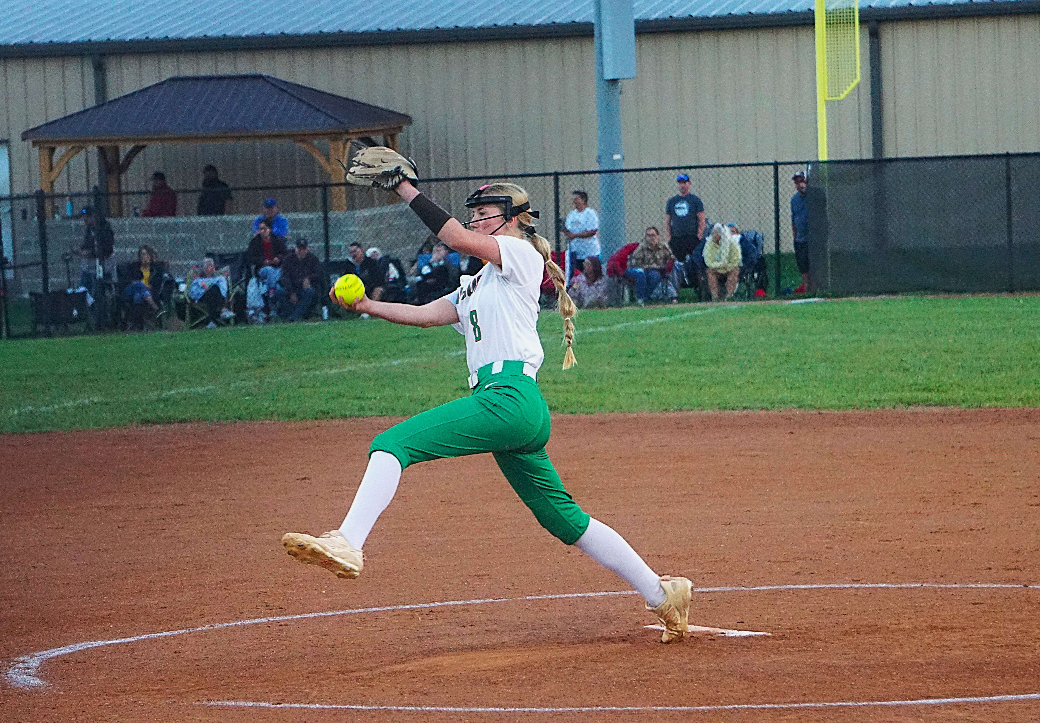 Paisley Meyer pitches for the Mid-Buchanan Dragons/ Photo by Matt Pike