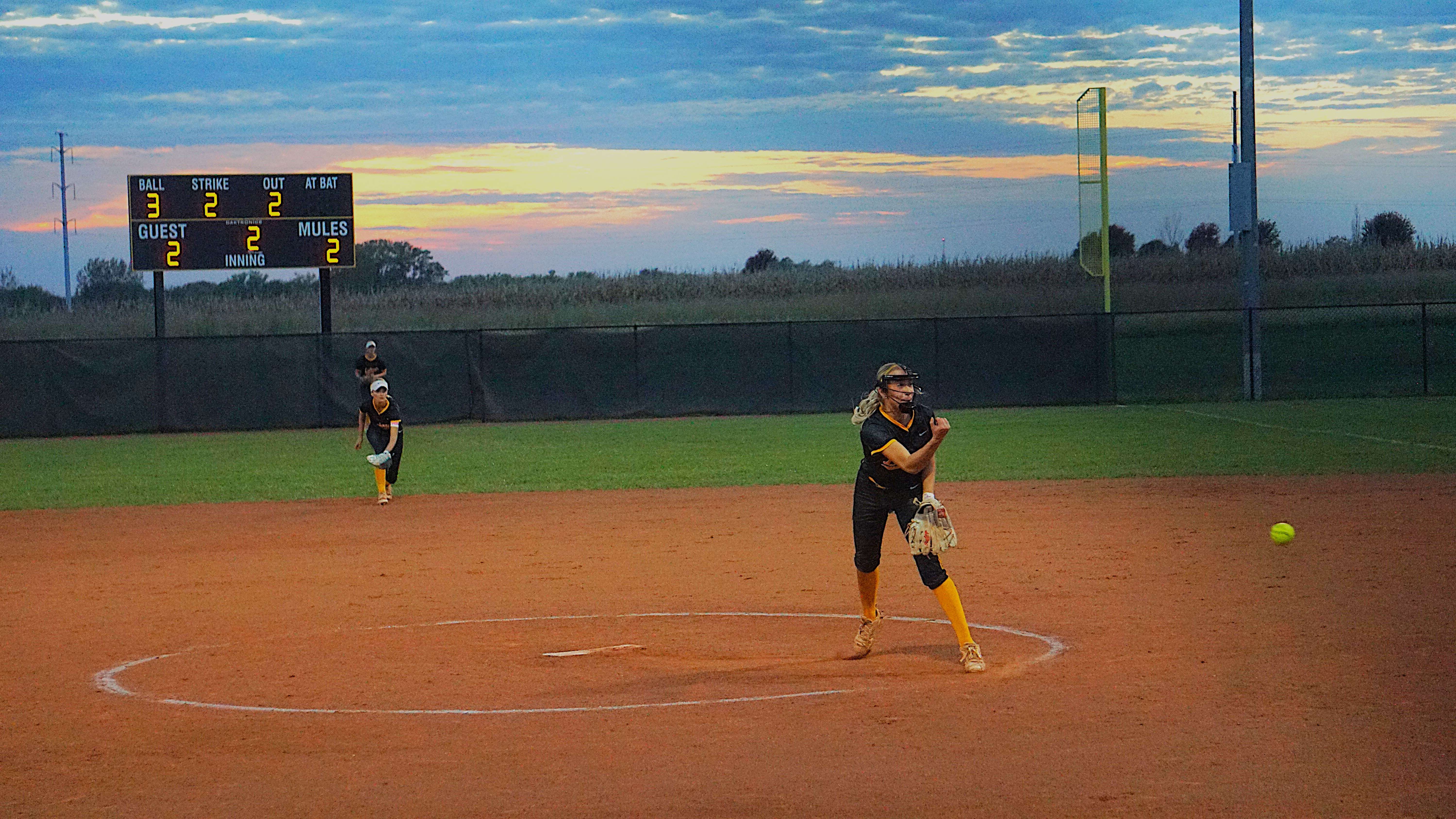 Rheagan Hall pitches for the Lathrop Mules in a tie game/ Photo by Matt Pike