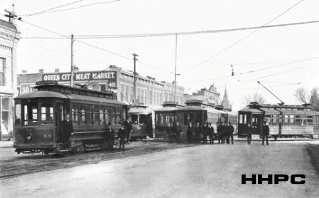 Trolley Cars &amp; Hutch Interurban Railway Transfer Point - 4th &amp; Main - 1910. Courtesy of the Conard-Harmon Collection.
