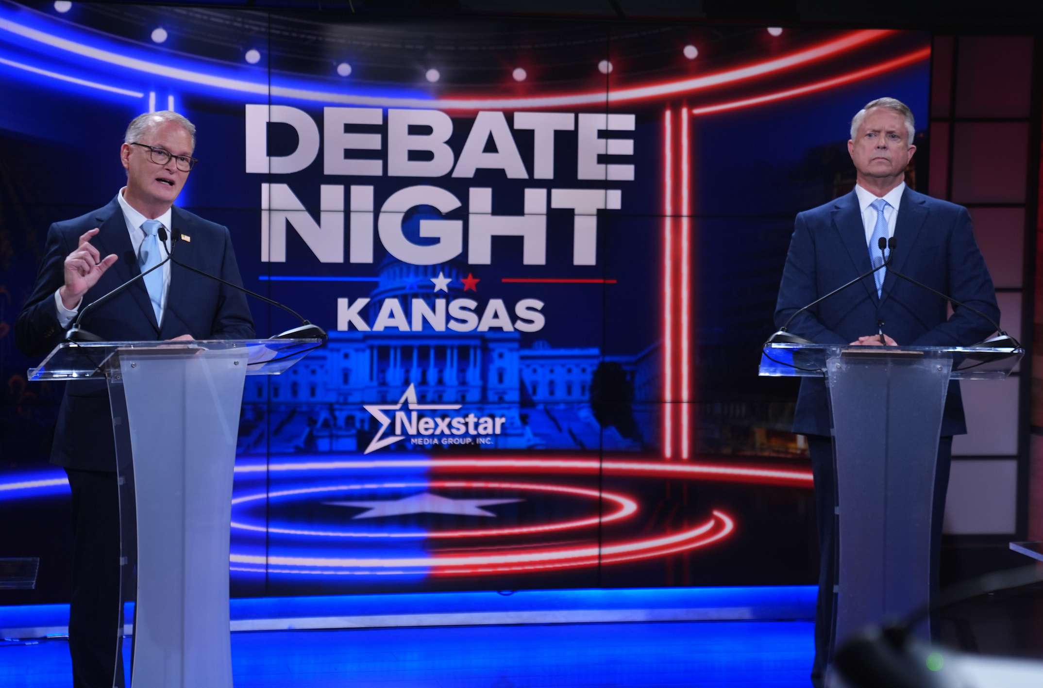Republican Sen. Roger Marshall, right, and Democratic nominee for U.S. Senate Adam Hamilton participate in a debate at WDAF TV in Kansas City, Mo., Wednesday, Oct. 21, 2026. (AP Photo/Charlie Riedel, Pool)