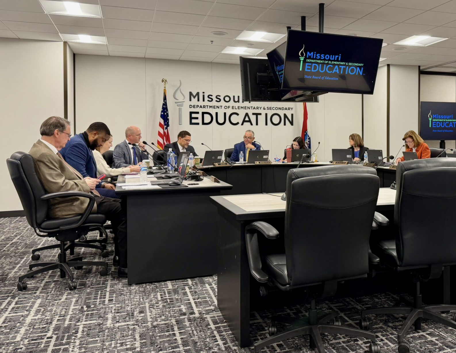 The Missouri State Board of Education, shown at the start of its Tuesday meeting, announced it has selected deputy commissioner Lisa Sireno as interim commissioner following the resignation of Stacey Preis (Steph Quinn/Missouri Independent).