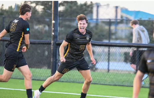 Fort Hays State forward Len Valkema celebrates after scoring a goal in a GAC soccer match against Ouachita Baptist on Thursday, October 22, 2026 in Hays, Kan. (FHSU Athletics photo/Ryan Prickett)