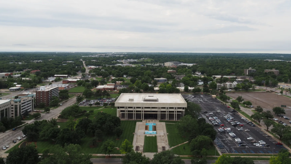 The Kansas Judicial Center can be seen looking south from the top of the Kansas Statehouse dome. Photo by Noah Taborda/ Kansas Reflector