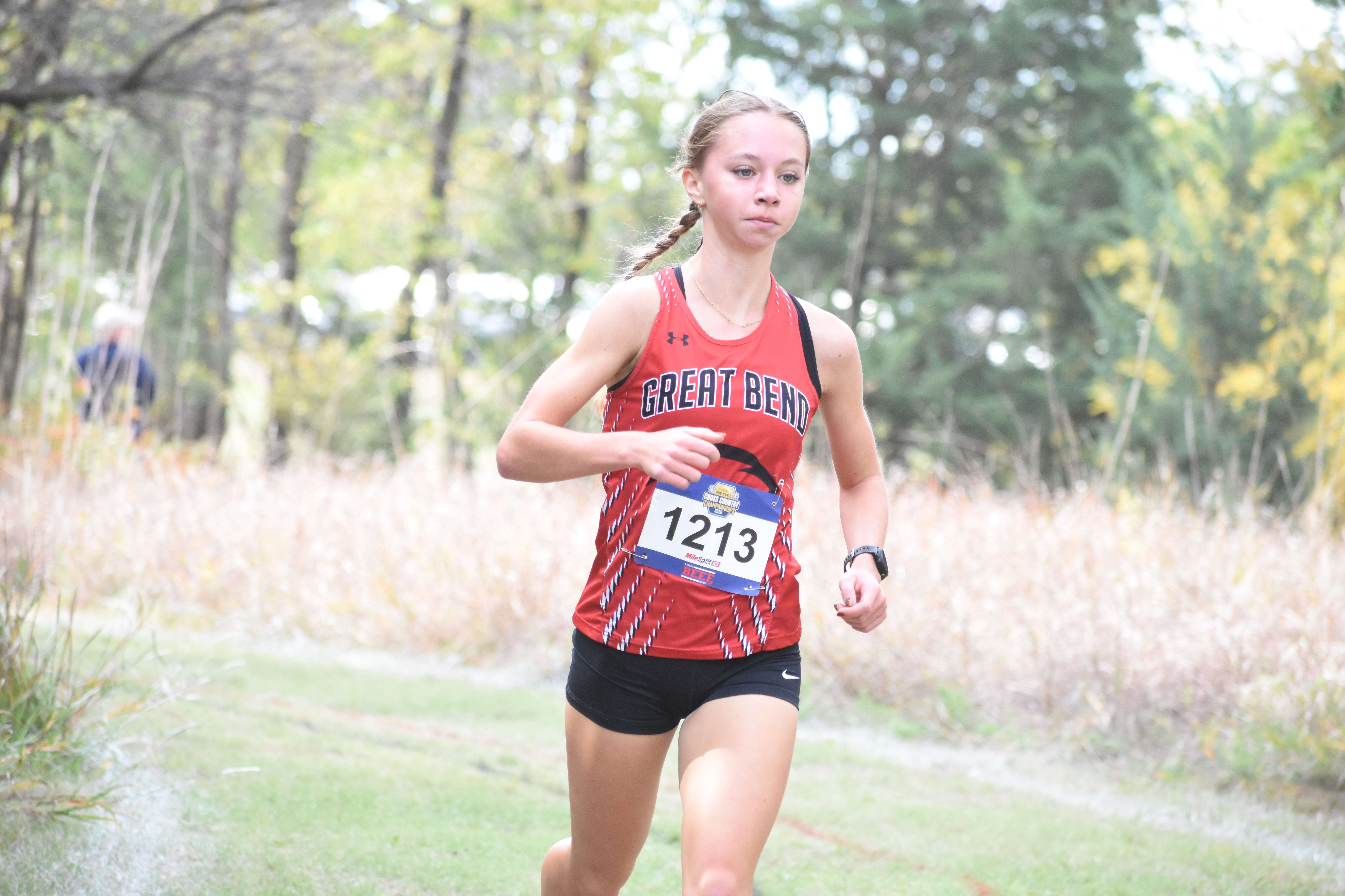Great Bend sophomore Decorah Schroeter won a Class 5A regional title by nine seconds Saturday morning at Lake Barton. (photos by Mike Courson)