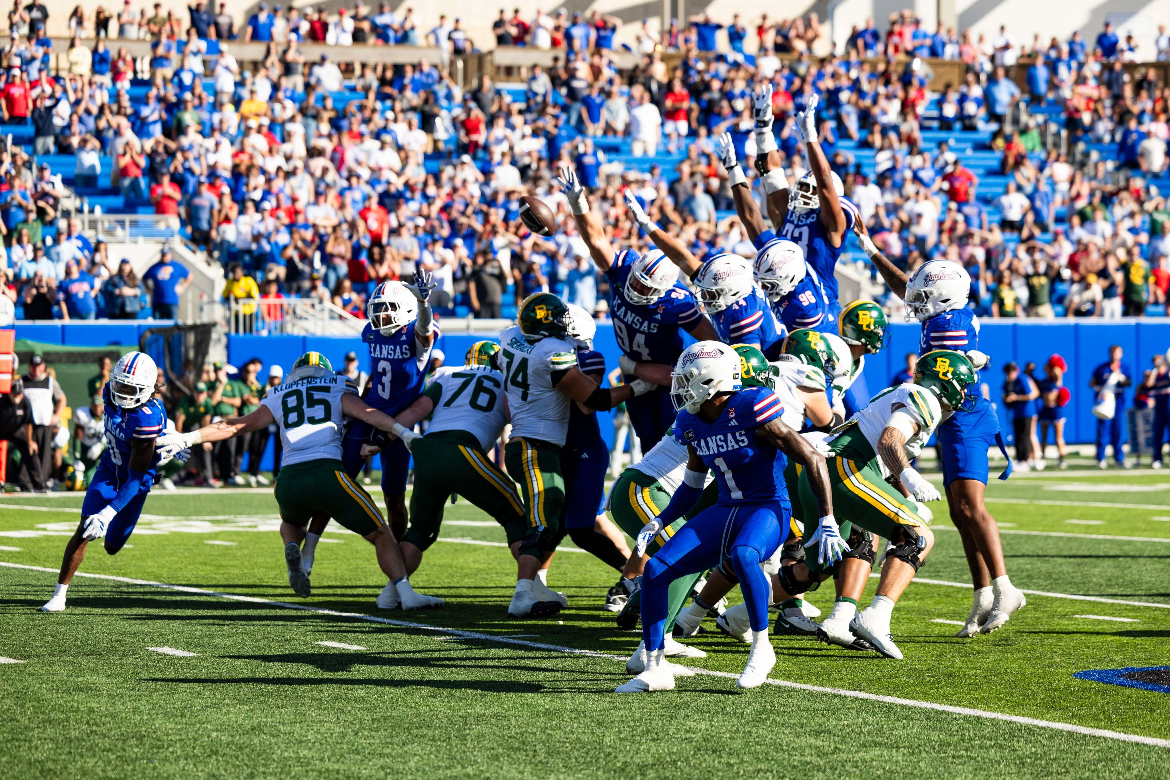 The Kansas Jayhawks blocked a late field goal attempt from the Baylor Bears to salvage their first conference win of the season 25-24/ Photo courtesy of KU Football on X