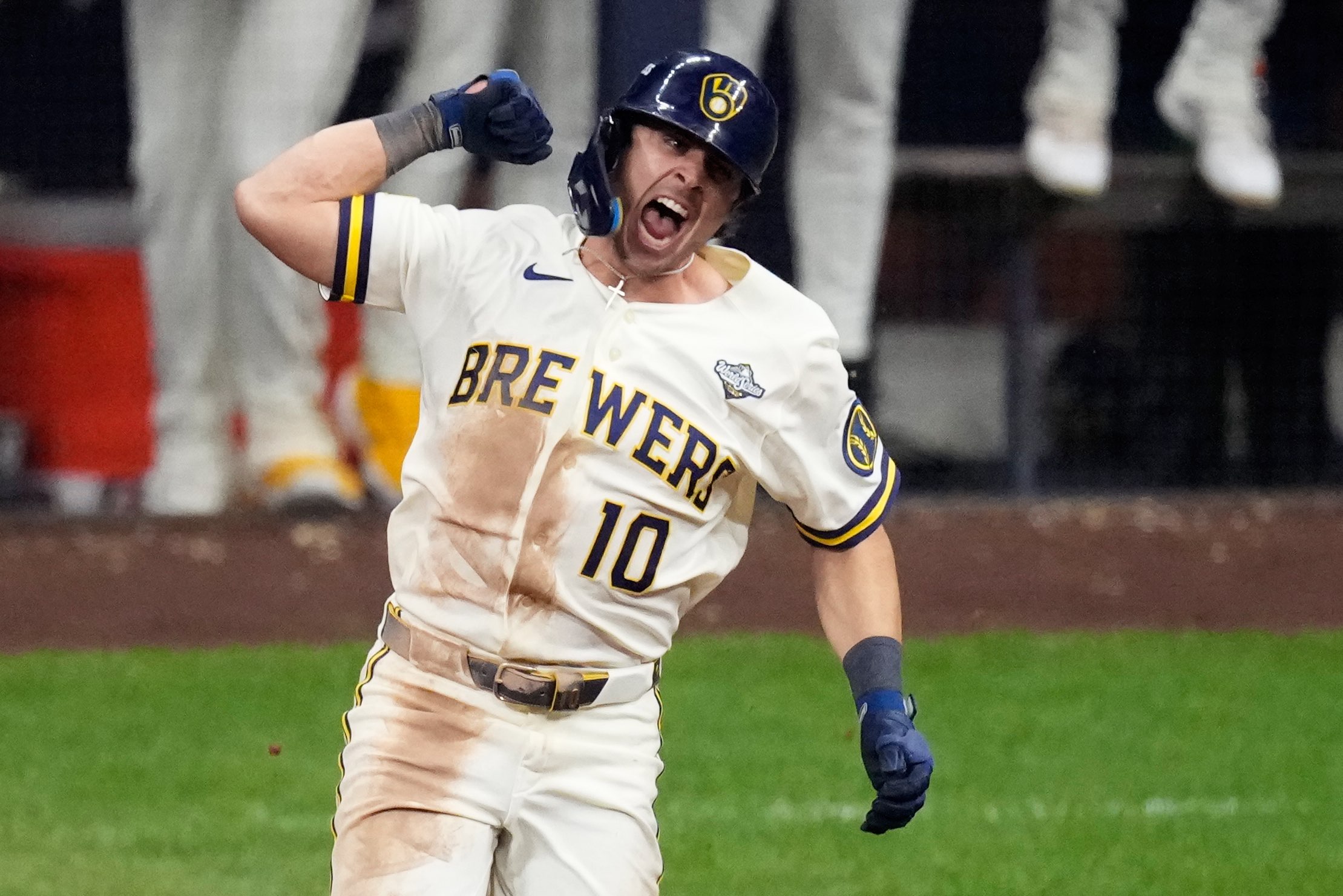 Milwaukee Brewers' Sal Frelick celebrates his home run during the sixth inning of Game 2 of baseball's World Series, Saturday, Oct. 24, 2026, in Milwaukee, between the Milwaukee Brewers and the Tampa Bay Rays. (AP Photo/David J. Phillip)