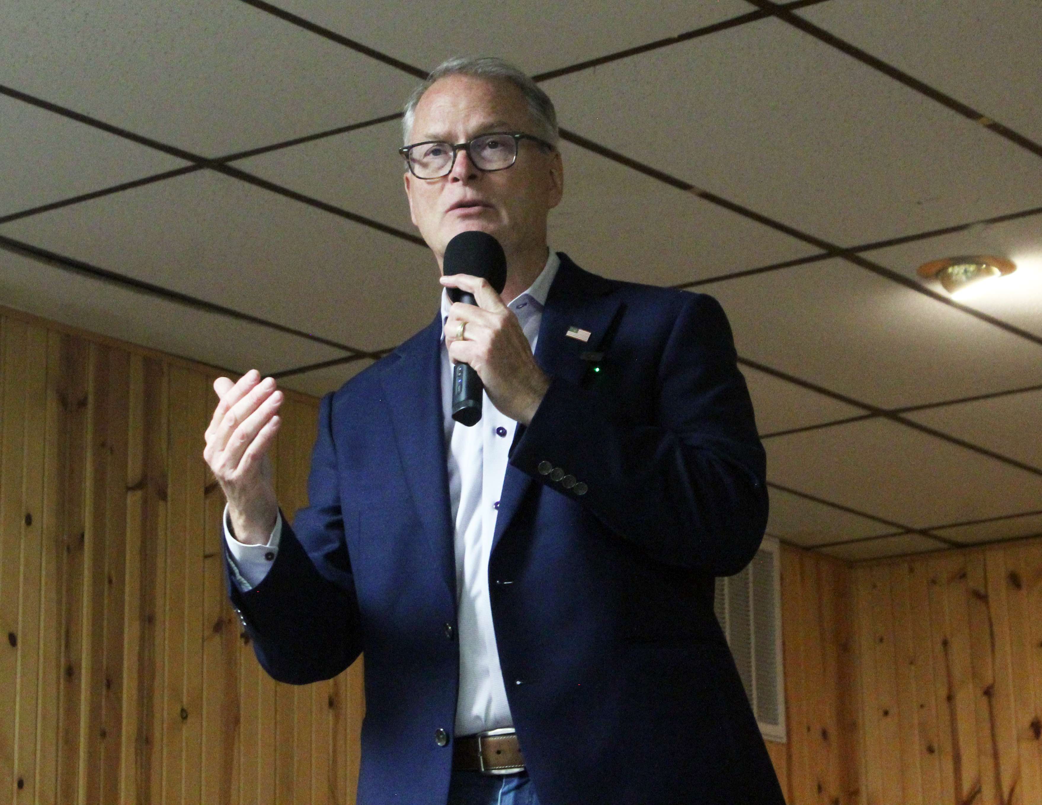 Democratic candidate for Senate Adam Hamilton speaks to voters at the Hays VFW on Sunday. Photo by Cristina Janney/Hays Post
