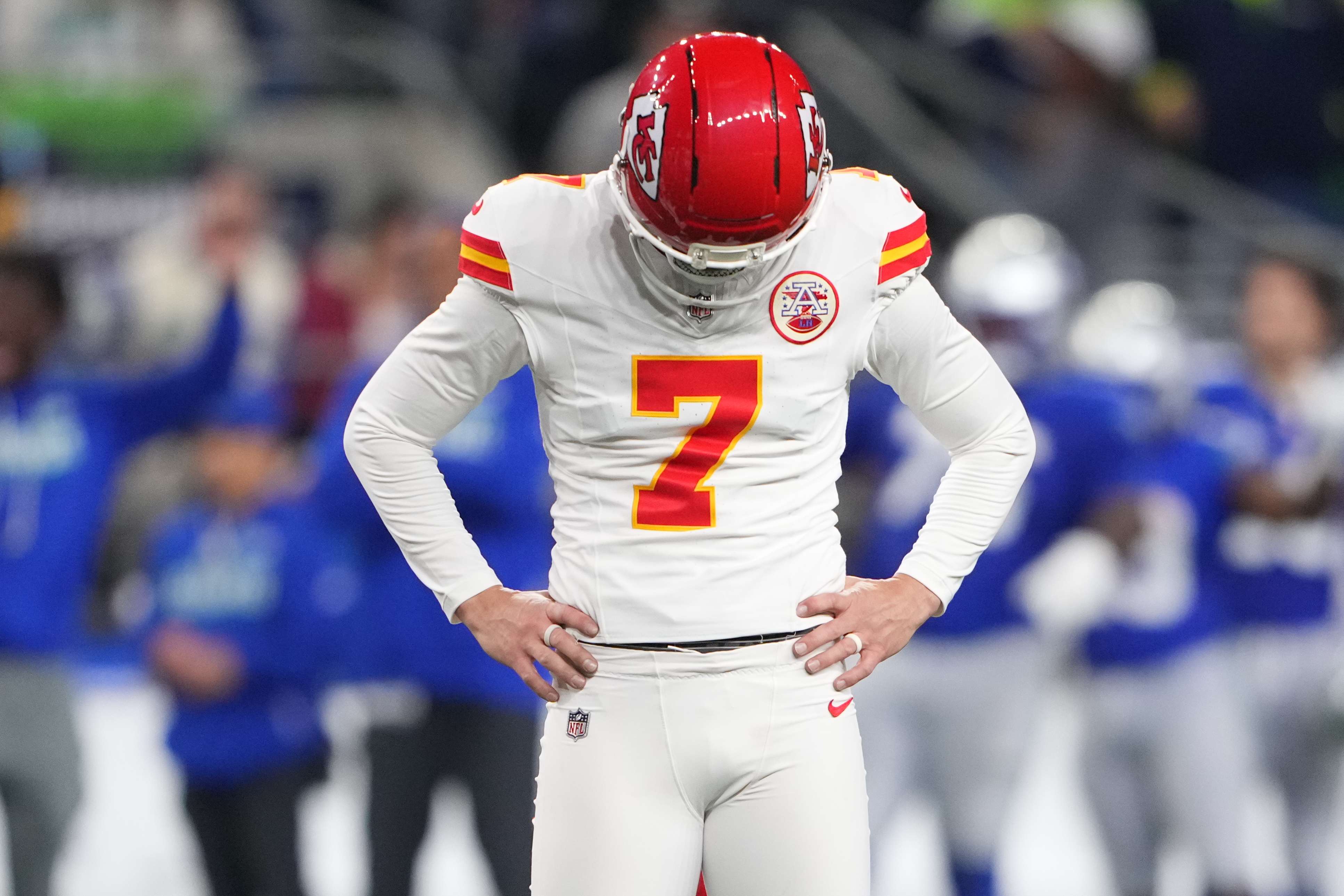 Kansas City Chiefs' Harrison Butker reacts after missing a field goal attempt during the second half of an NFL football game against the Seattle Seahawks in Seattle, Sunday, Oct. 25, 2026. (AP Photo/Lindsey Wasson)
