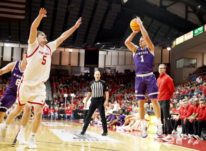 Kansas State's Brandon Rechsteiner (1) attempts a 3-point shot in an exhibition college basketball game against Nebraska on Monday, October 26, 2026 in Grand Island, Neb. (Kansas State Athletics photo)