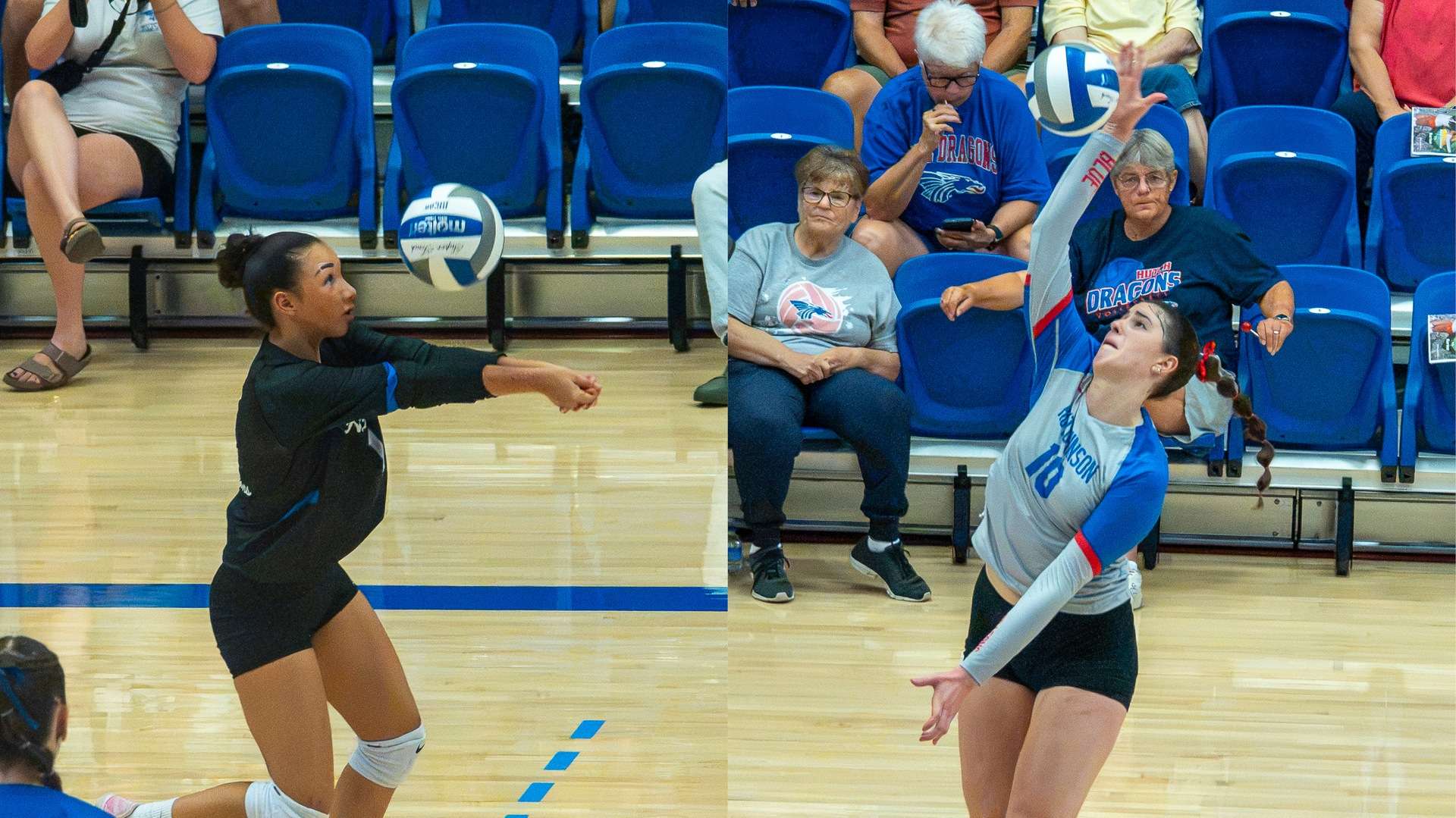 Sophomore Clara Oliveira (left) was named the KJCCC Division I Volleyball Defensive Player of the Week and freshman Julia Macedo (right) was named the KJCCC Offensive Player of the Week on Tuesday.