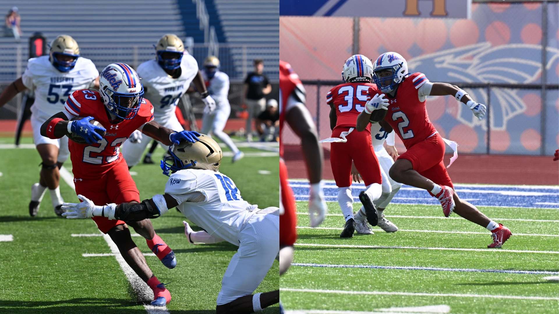 Ravelle Leak (left) was named the KJCCC Football Offensive Player of the Week, while Aiden Bruce (right) was named the league's Special Teams Player of the Week after their performances in a 52-24 win by the No. 1 Blue Dragons over NEO on Saturday.