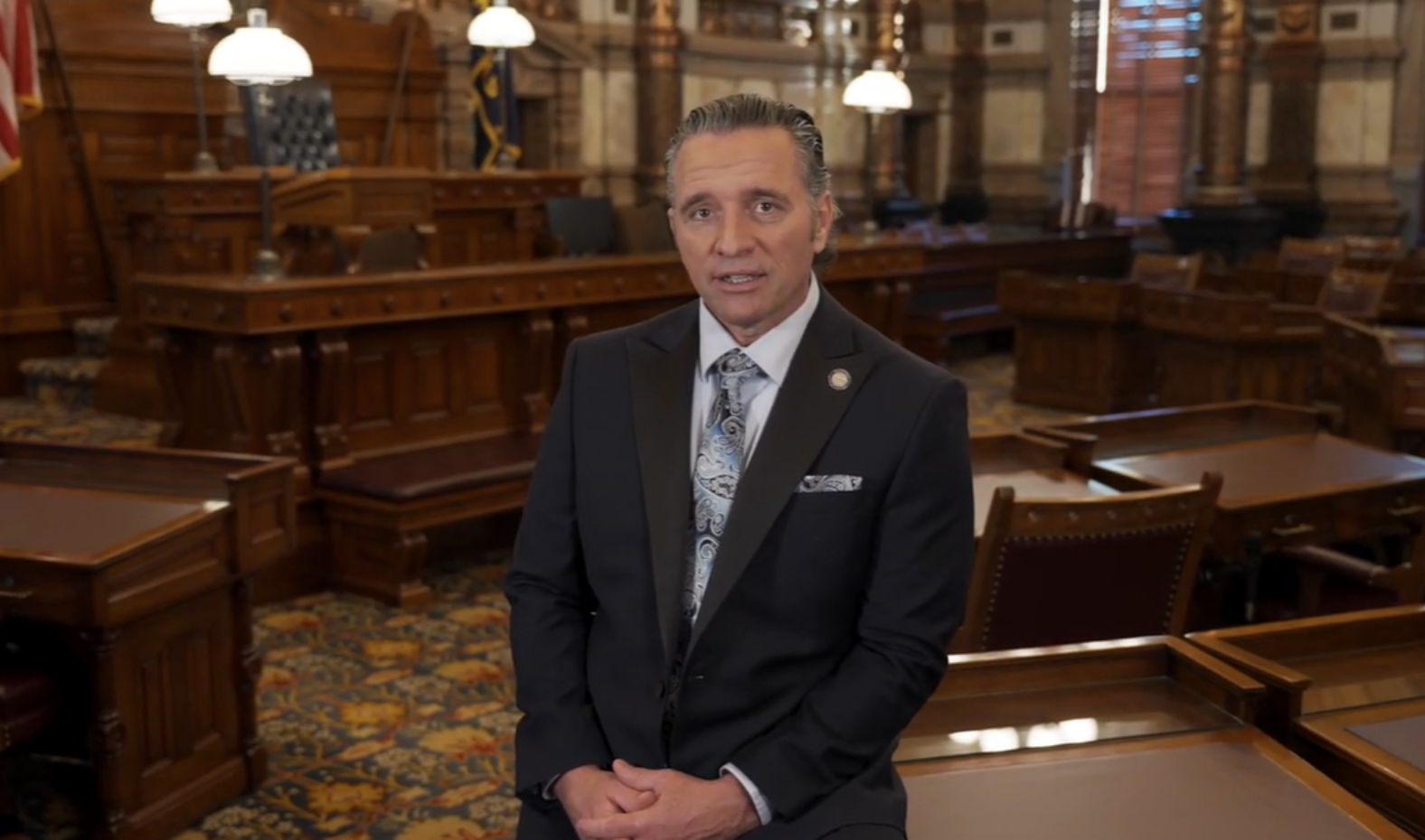 Senate President Ty Masterson, the 2026 Republican nominee for governor, promises in a 2021 video message to make property tax reform a top legislative priority. (Kansas Reflector screen capture of Kansas Legislature video)
