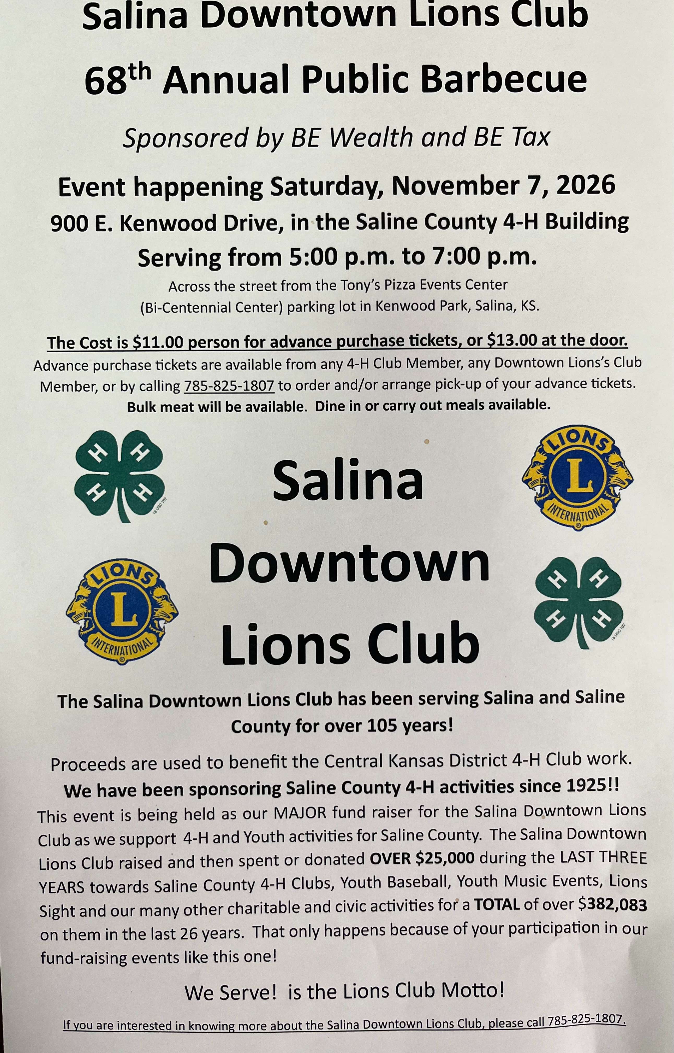 Salina Downtown Lions NOV 7 BBQ