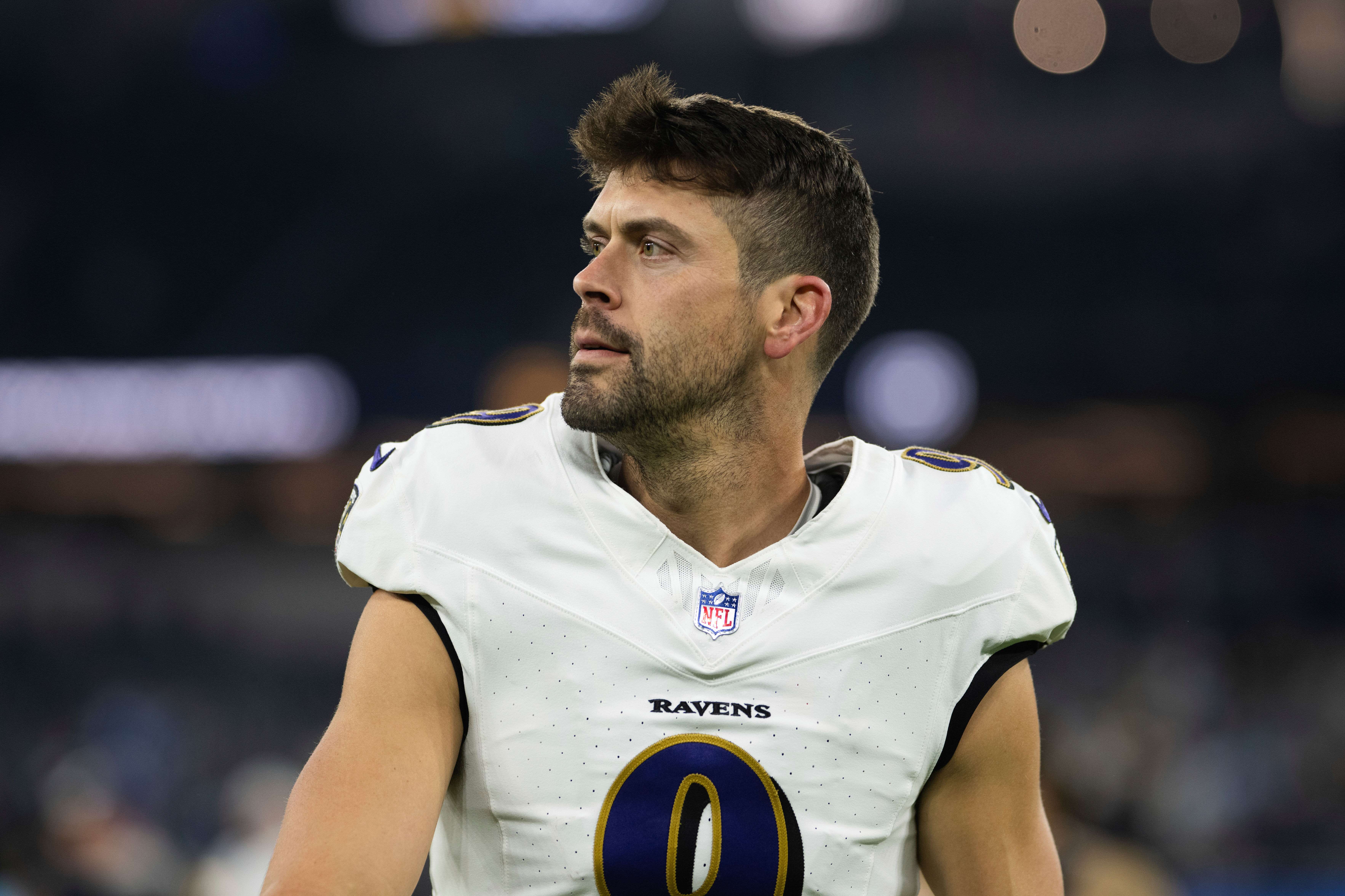 FILE - Baltimore Ravens place kicker Justin Tucker walks back to the locker room after an NFL football game against the Los Angeles Chargers, Nov. 25, 2024, in Inglewood, Calif. (AP Photo/Kyusung Gong, File)