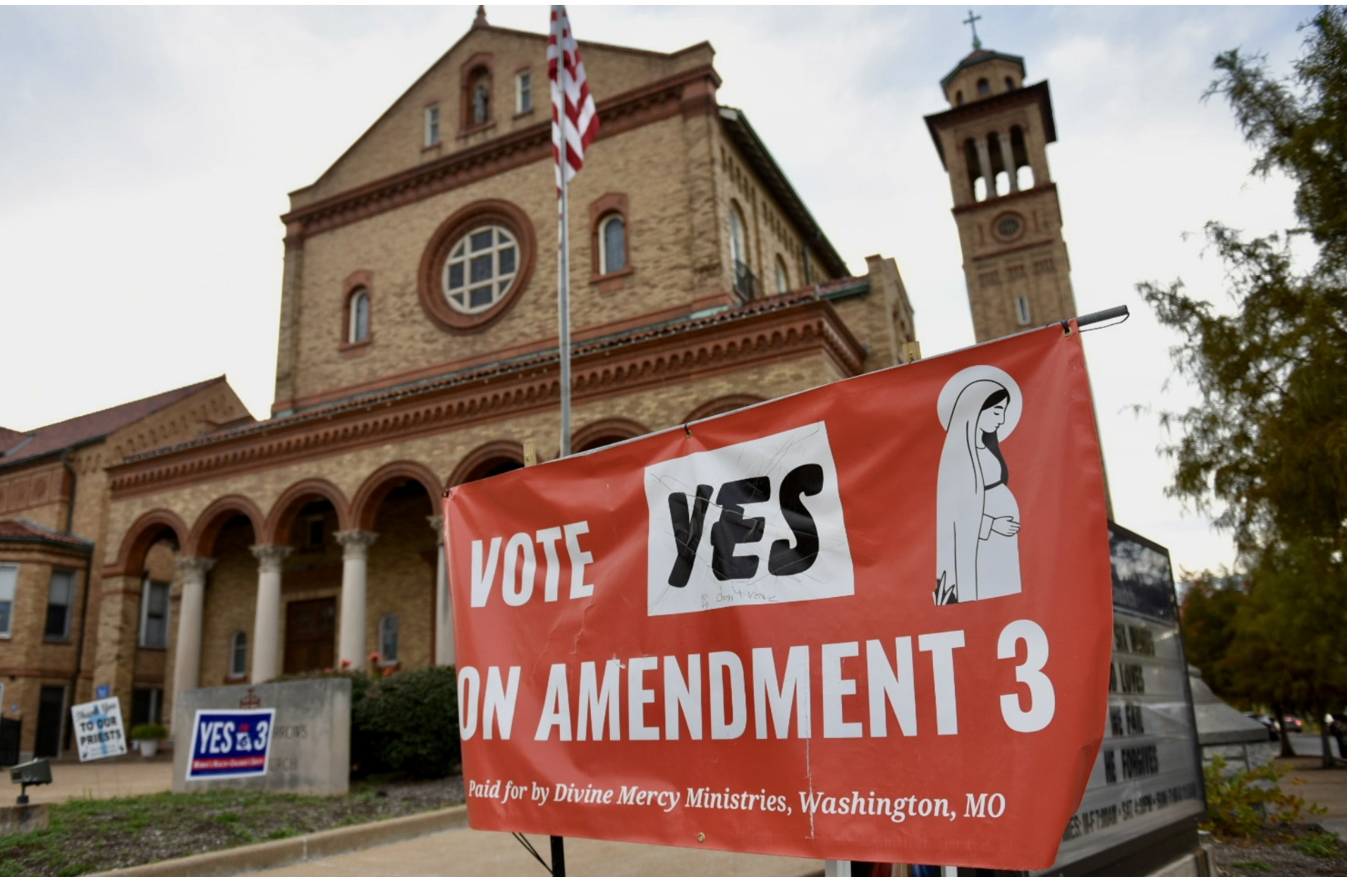 Ahead of the November election, all four Missouri Catholic Bishops issued a letter urging parishioners to vote yes on Amendment 3, which would repeal the 2024 abortion rights amendment. A sign supporting the amendment stands outside Our Lady of Sorrows Catholic Church in St. Louis (Anna Spoerre/Missouri Independent).