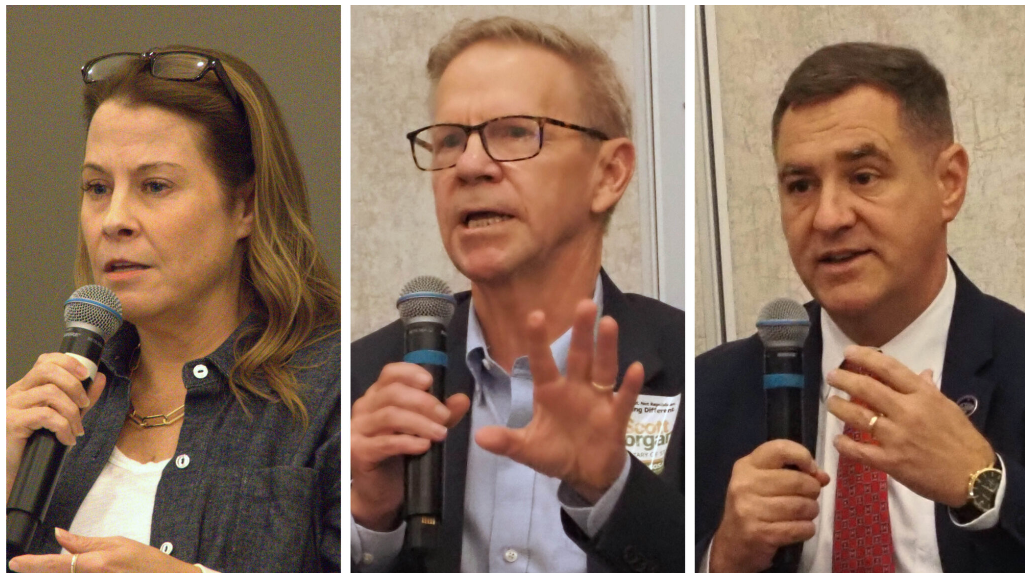  From left, secretary of state candidates Jennifer Day, Scott Morgan and Pat Proctor speak at a Sept. 24, 2026, candidate forum in Salina. (Photos by Morgan Chilson/Kansas Reflector)