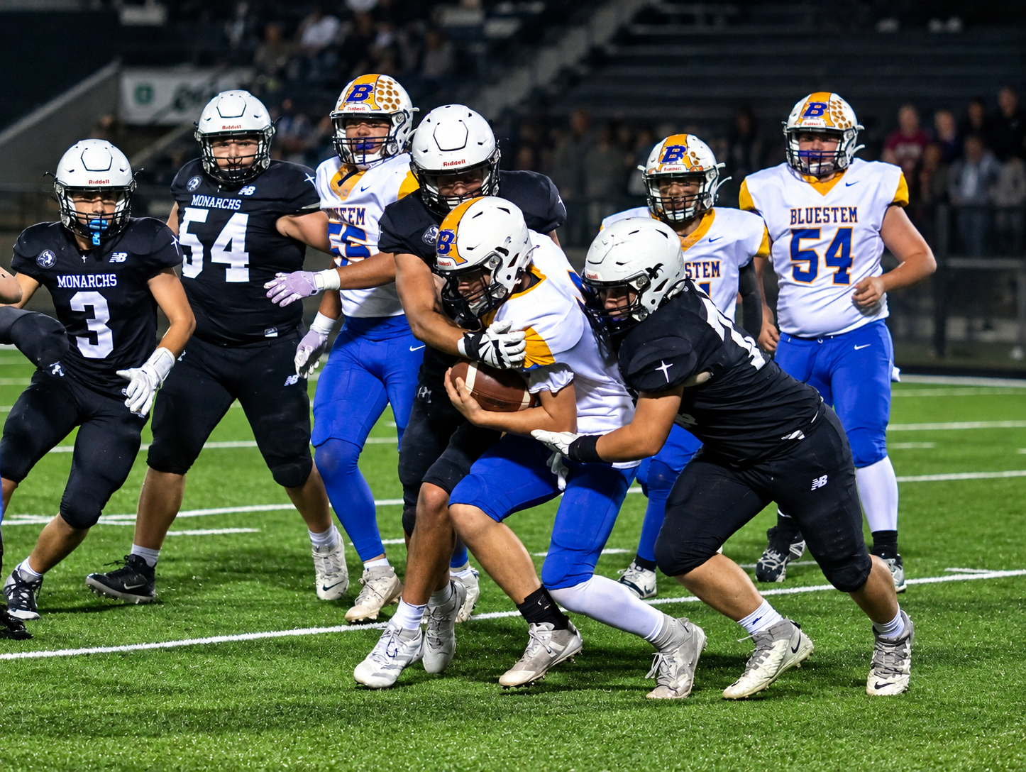 Monarchs defense held Bluestems to negative yards of total offense in the first half Thursday. Photo by Alin Hett/Hays Post