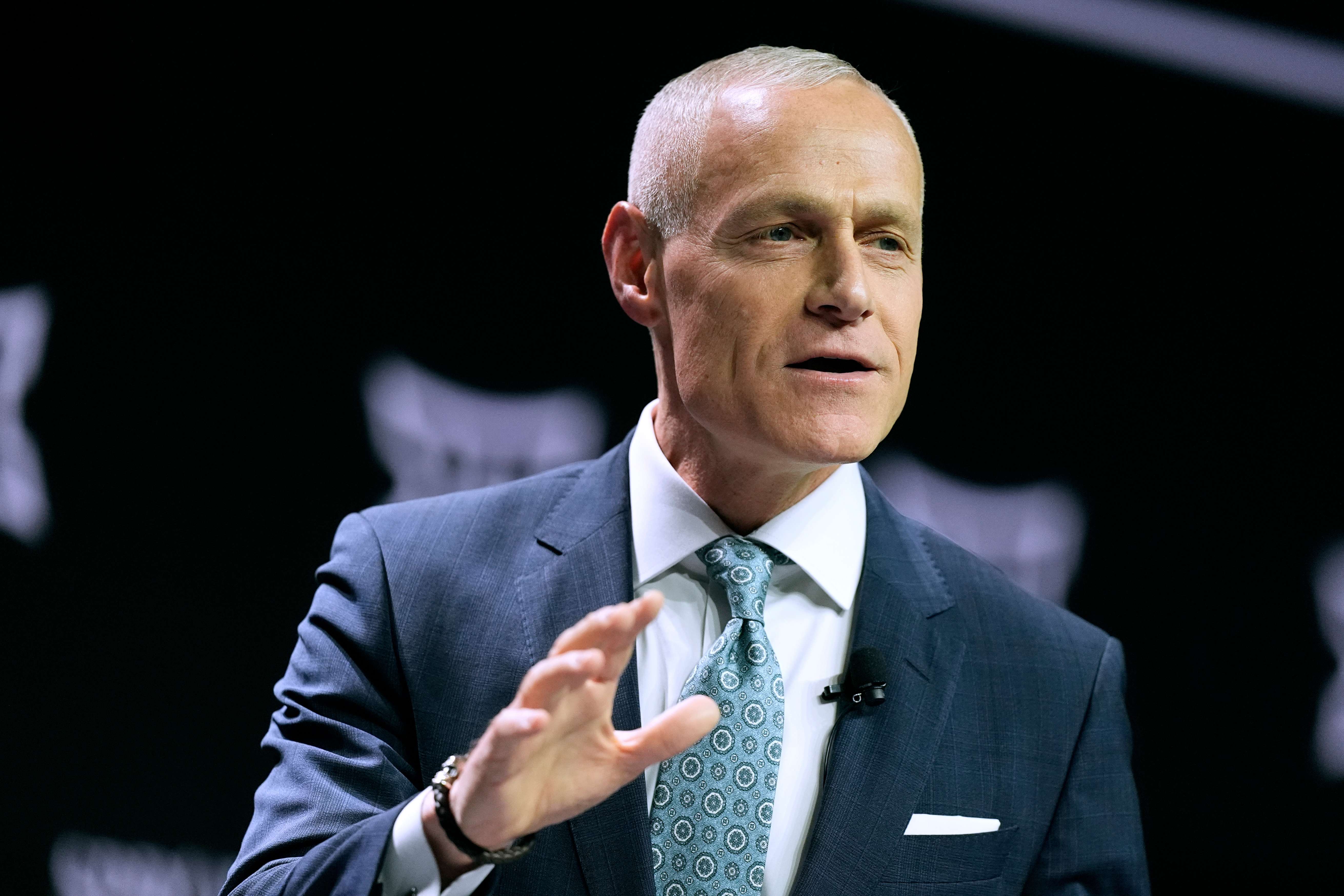FILE - Big 12 Commissioner Brett Yormark addresses the media during the NCAA college Big 12 women's basketball media day, Oct. 22, 2024, in Kansas City, Mo. (AP Photo/Charlie Riedel, File)