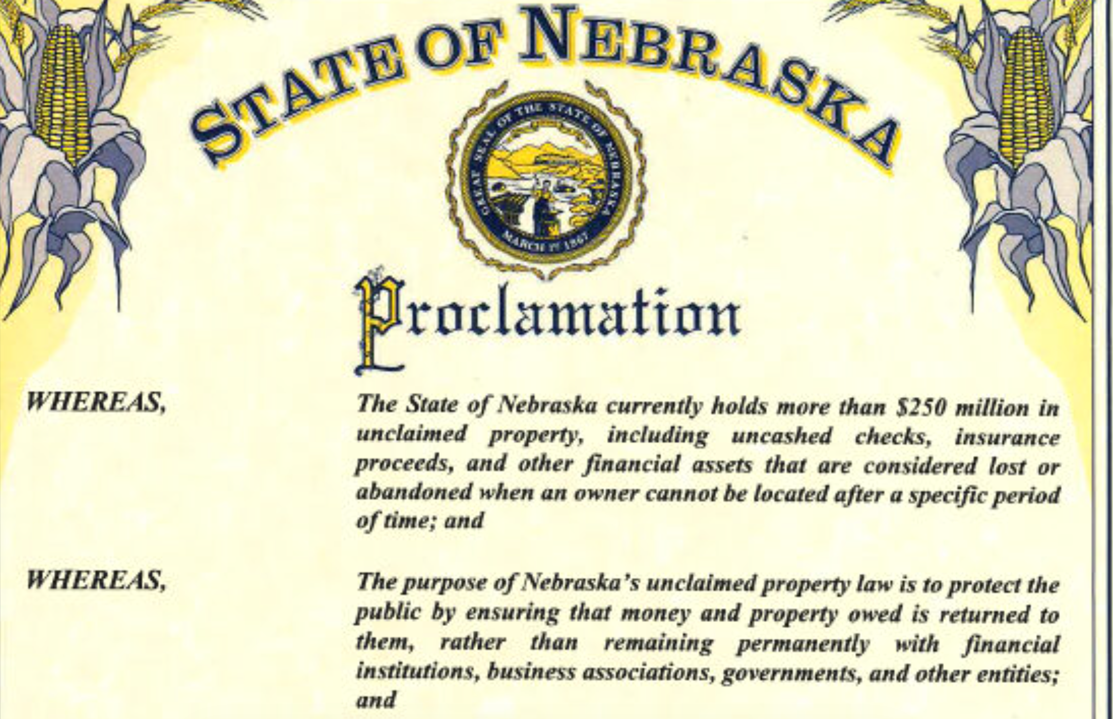 Top of proclamation declaring Feb. 1 “Unclaimed Property Day” in Nebraska. (Courtesy of Nebraska State Treasurer)